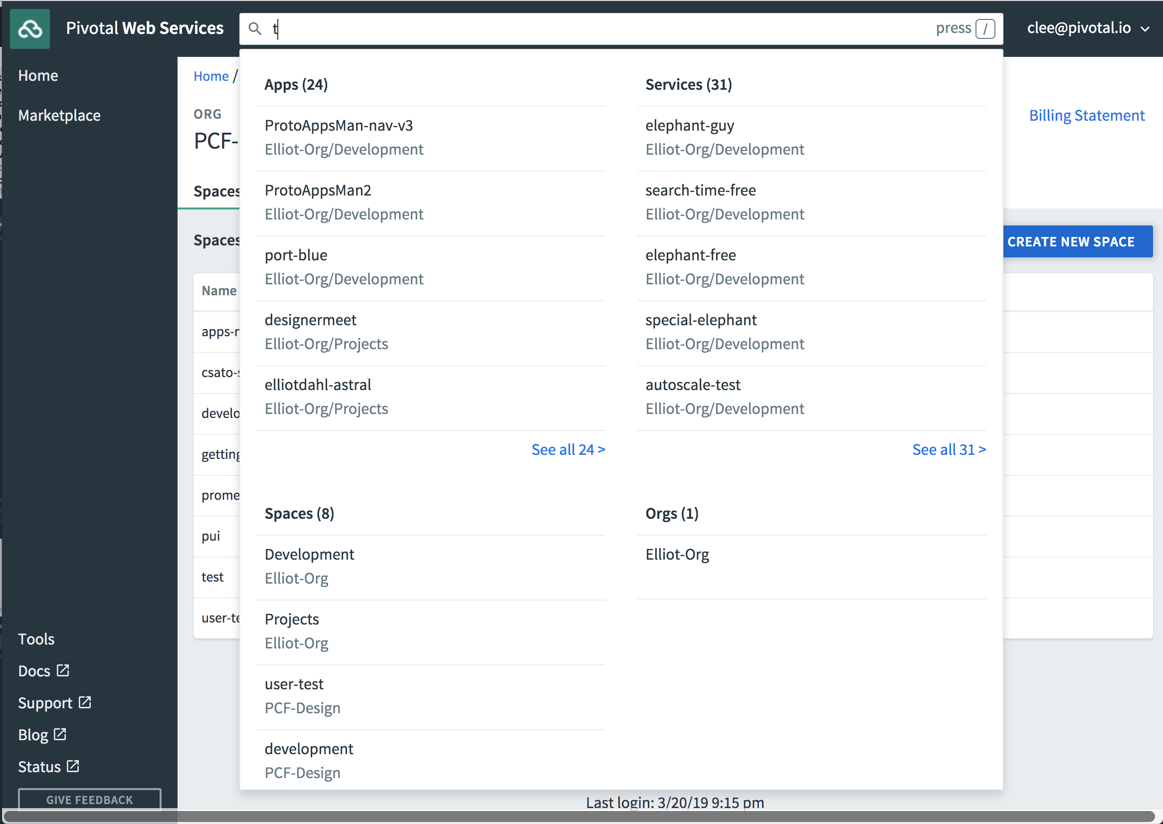 c. Search across Apps, Services, Spaces, and Orgs, with Automatic Search.