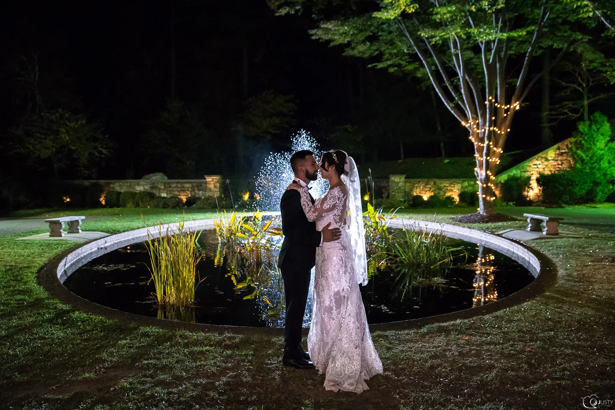 Bride and groom - Strong Mansion Wedding Photos - by the fountain
