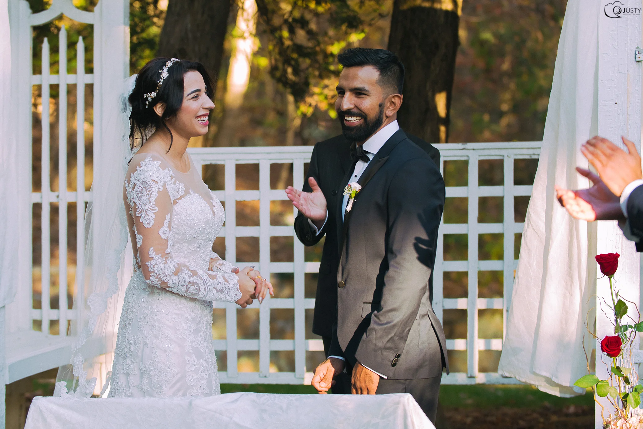 Wedding ceremony bride and groom laughing - Strong Mansion Wedding