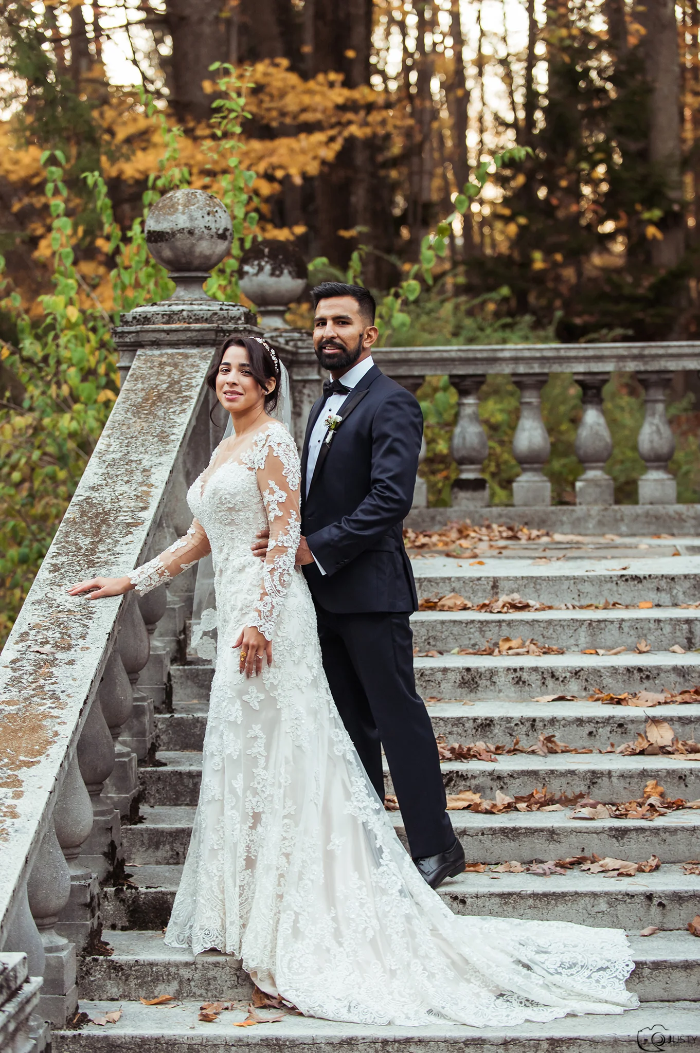 Bride and Groom on stairs of Strong Mansion Maryland - Sugarloaf Mountains