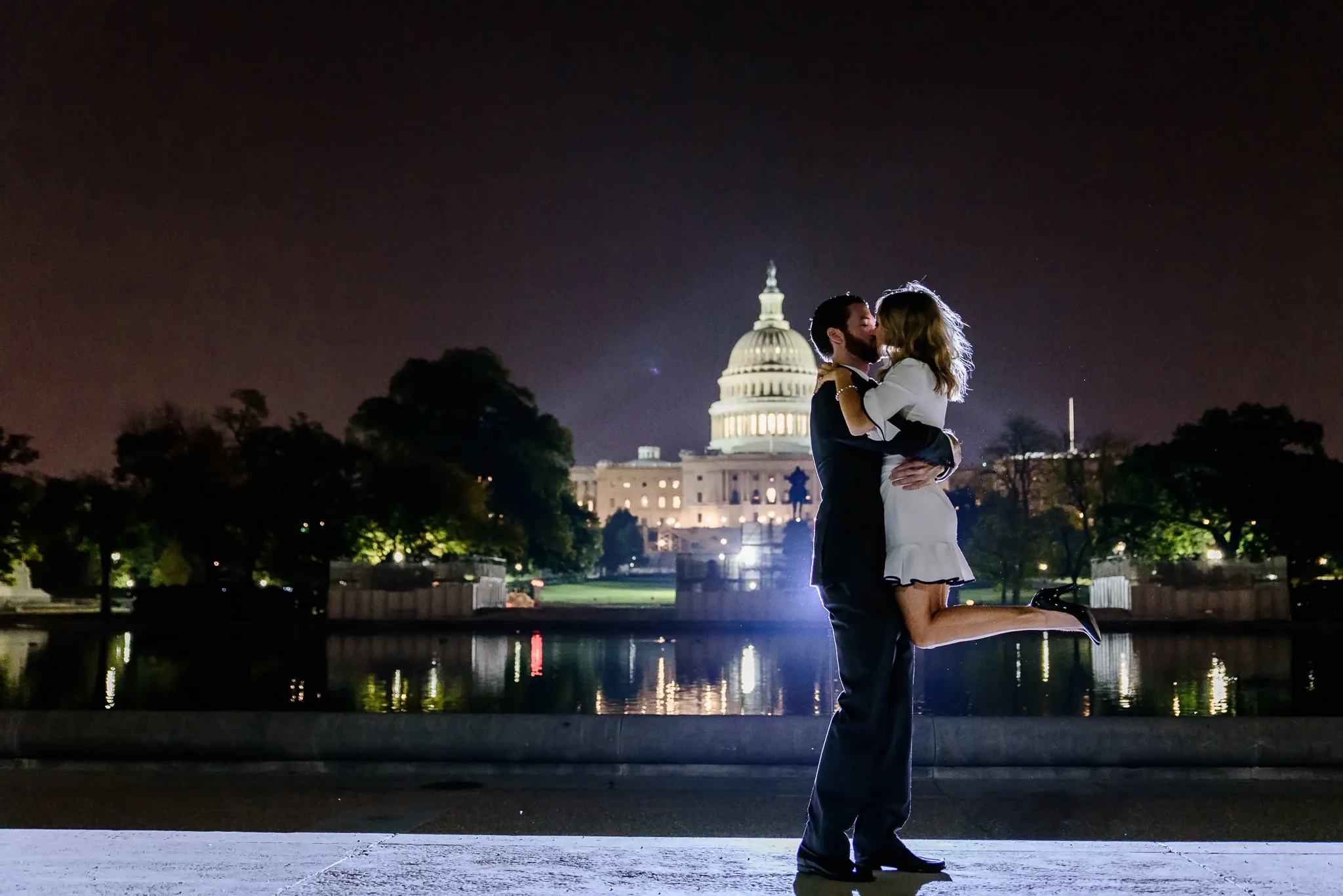 Engagement photos at night by Capitol Building Washington DC