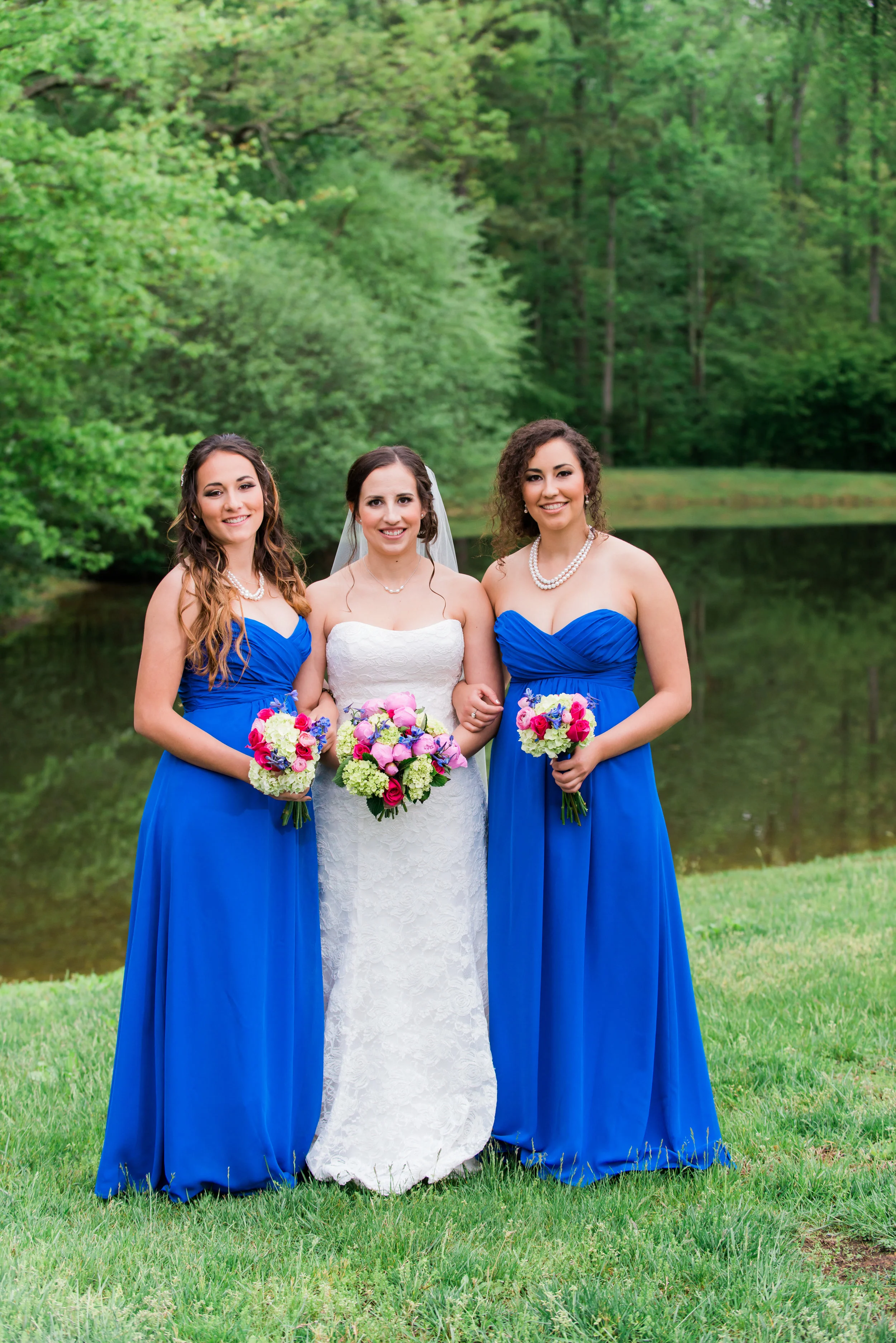 Blue , gold and white wedding bridesmaids dresses