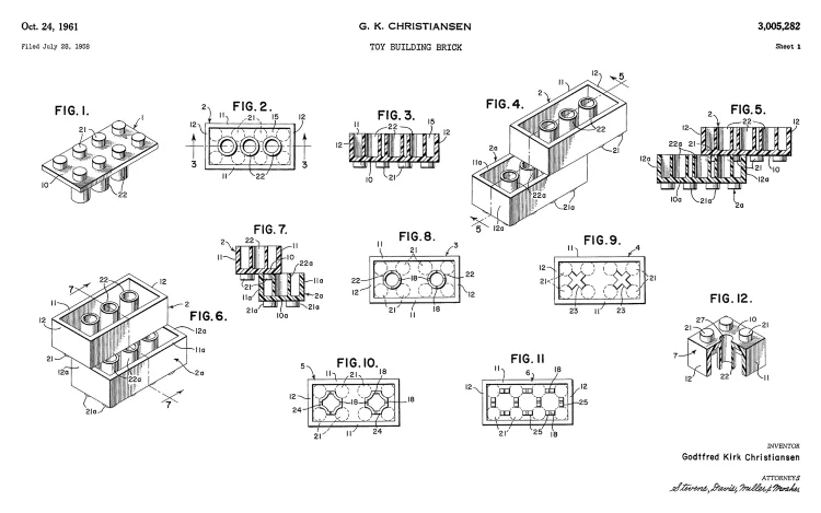 A patent drawing for the well known children's building blocks toy, Legos. Numbered 'call-outs' are referenced in the patent's text description.
