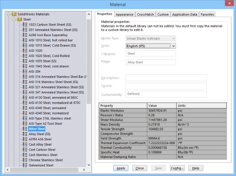 Screen shot of the Material Options for a Finite Element Analysis.