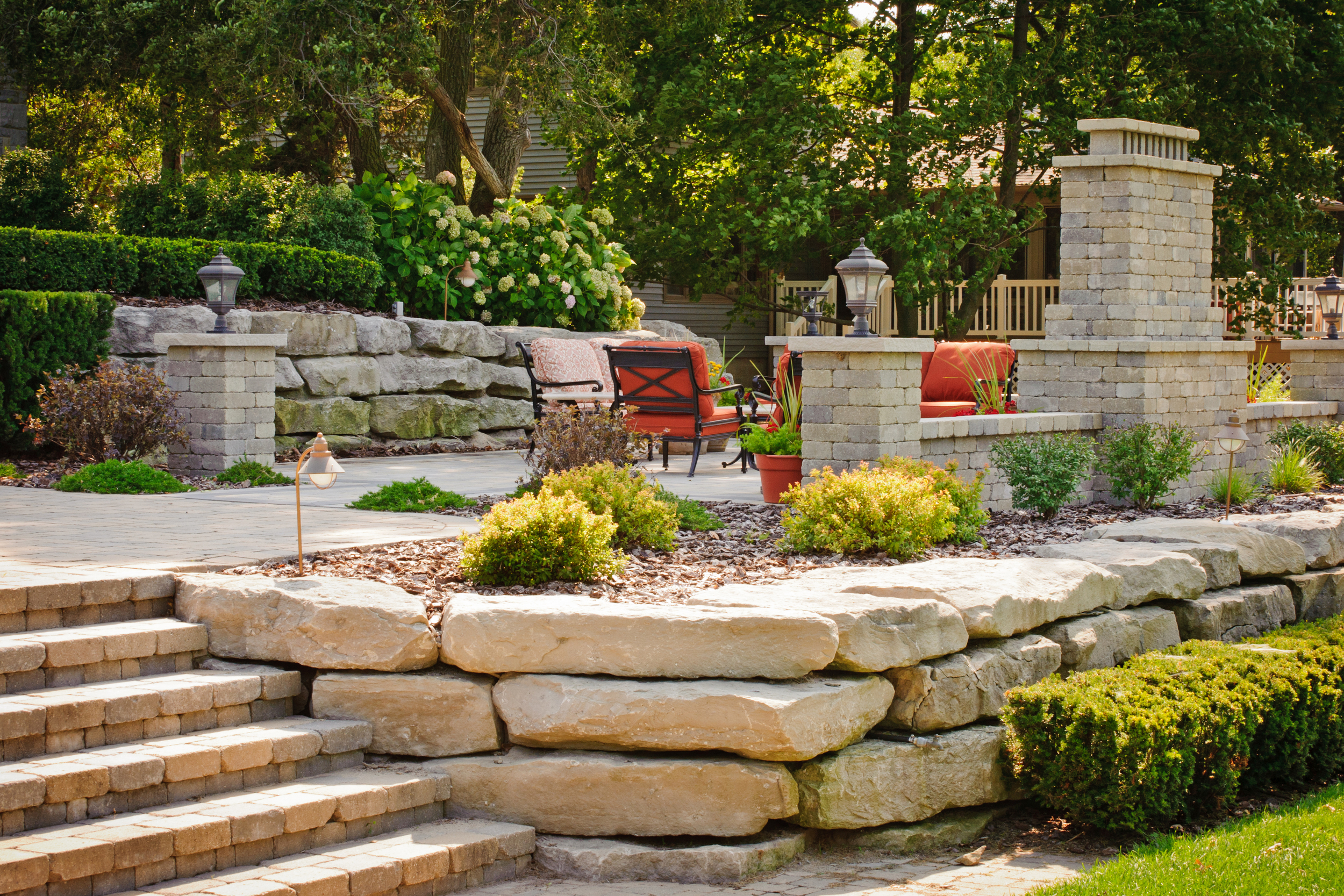  Retaining Wall with Brick Paver Stairs and Outdoor Living Area 