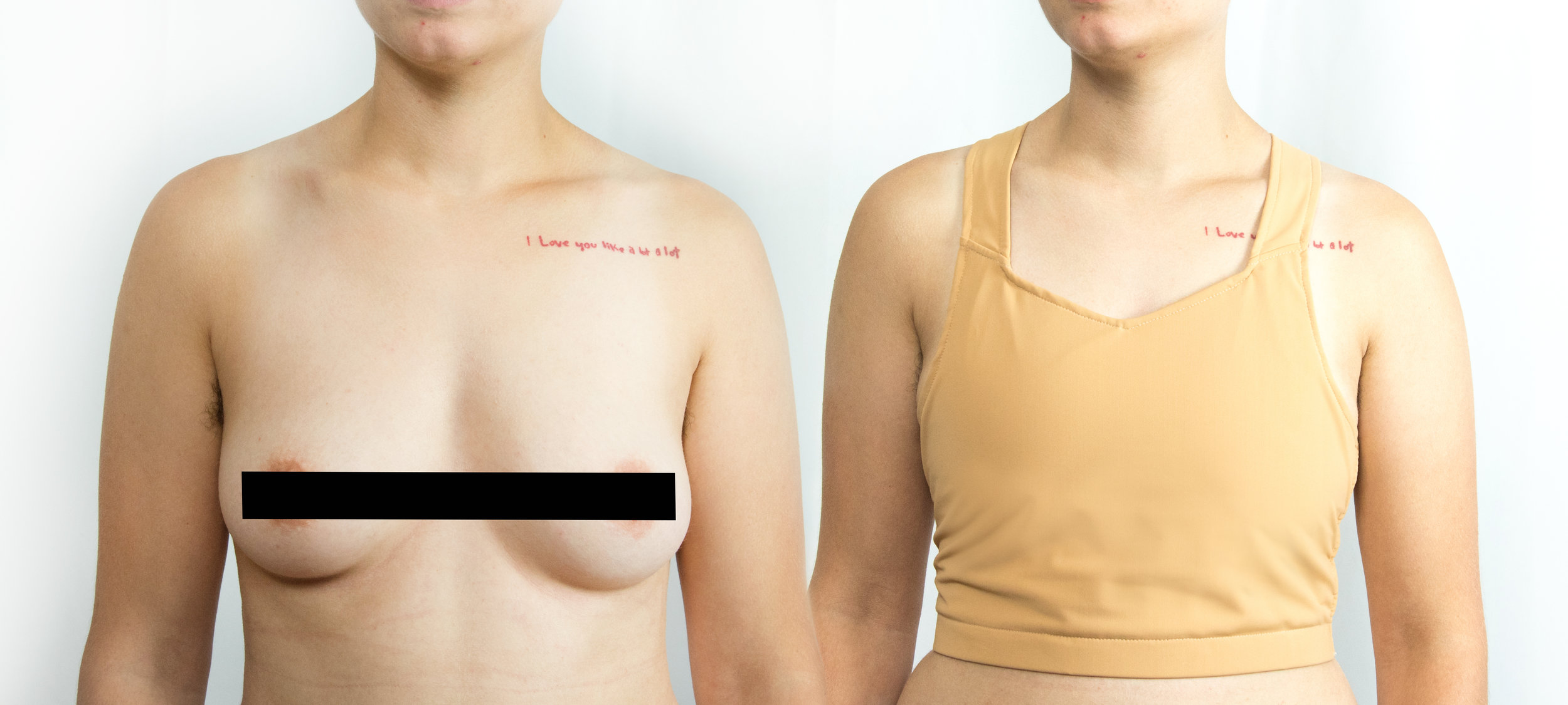 Color: Sand Size: XS Chest size of model: 32D, 31 inches around Shoulder measurement: 15 inches Pronouns: He/Him
