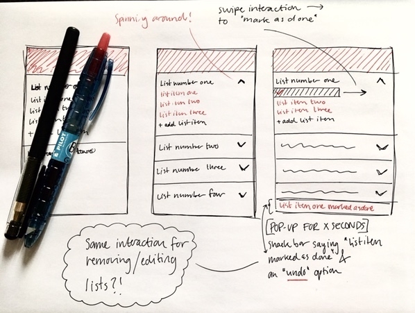 Trying to figure out how to mark a list item as done, and what other interactions to use.