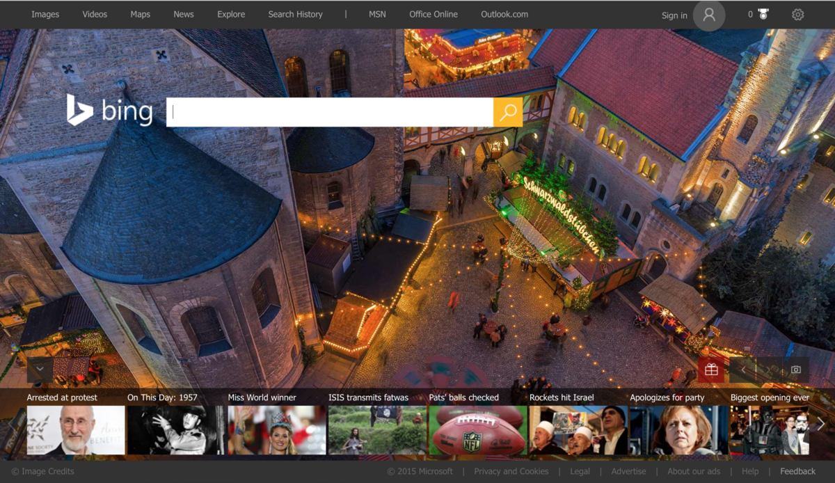 Bing’s Homepage features a clear focus on search, with a sideshow on trending news and a clear simple background feature image.