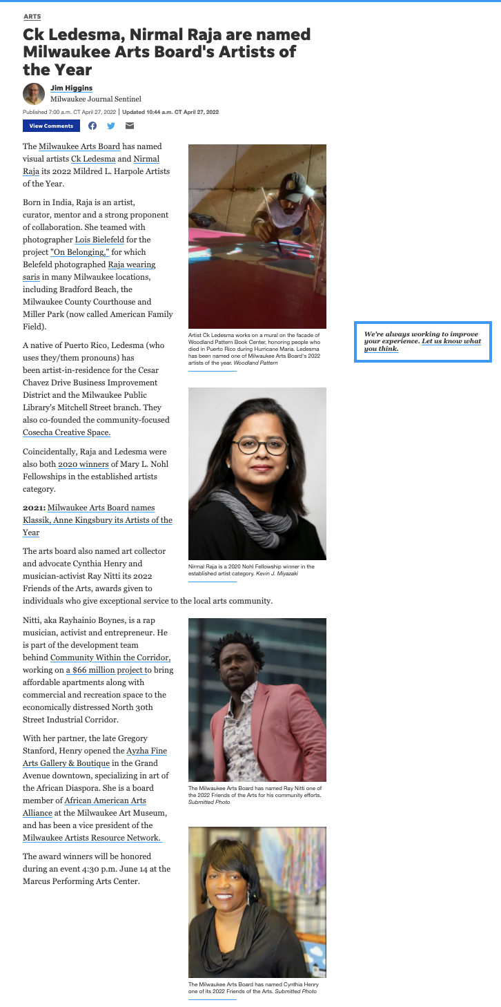 CK Ledesma, Nirmal Raja are named Milwaukee Arts Board's Artists of the Year