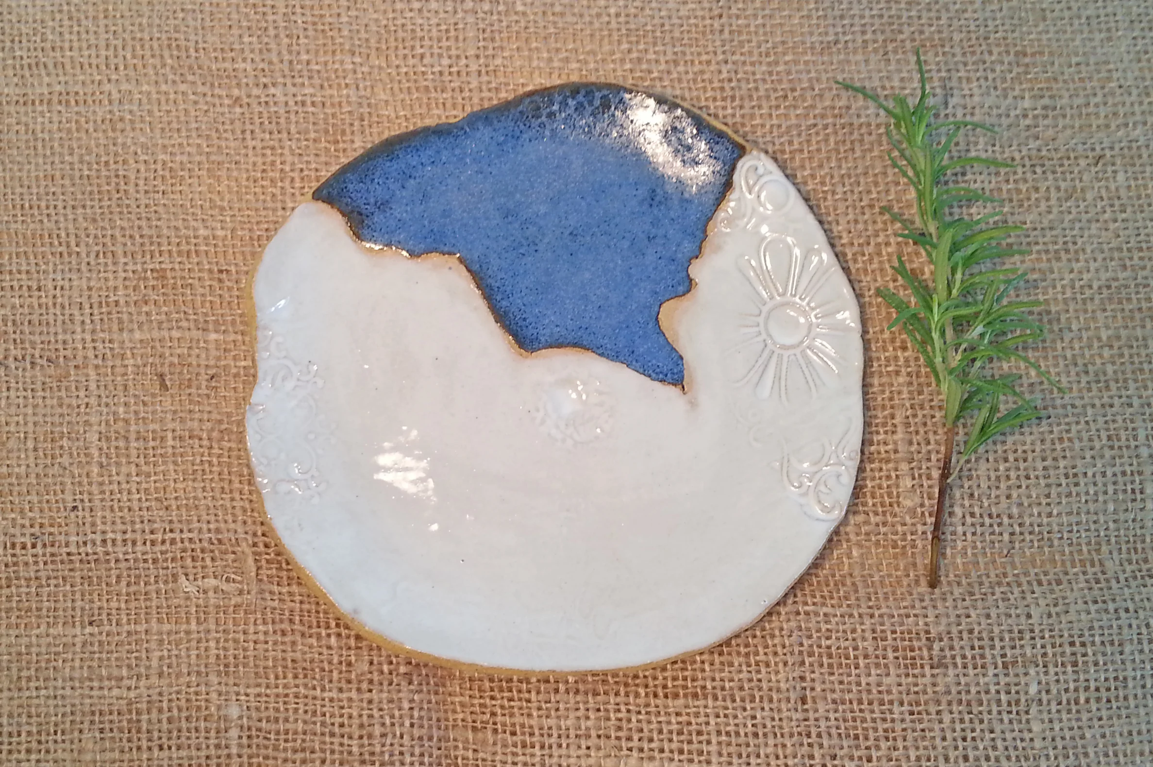 Plate- Ceramic, hand-built, white and blue glaze