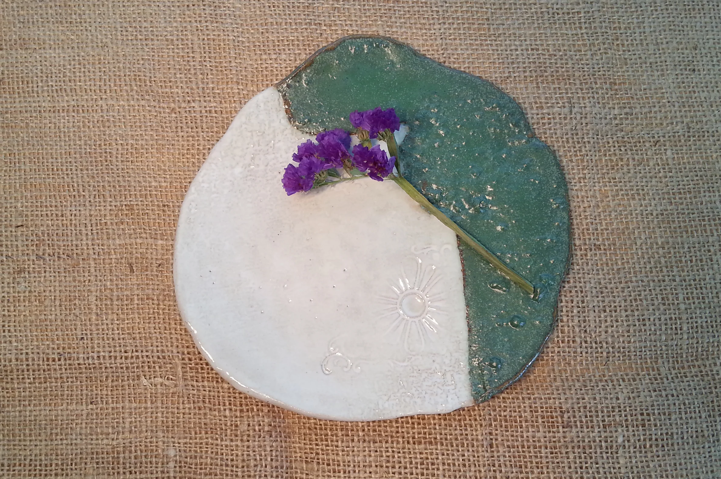 Plate- Ceramic, hand-built, white and green glaze