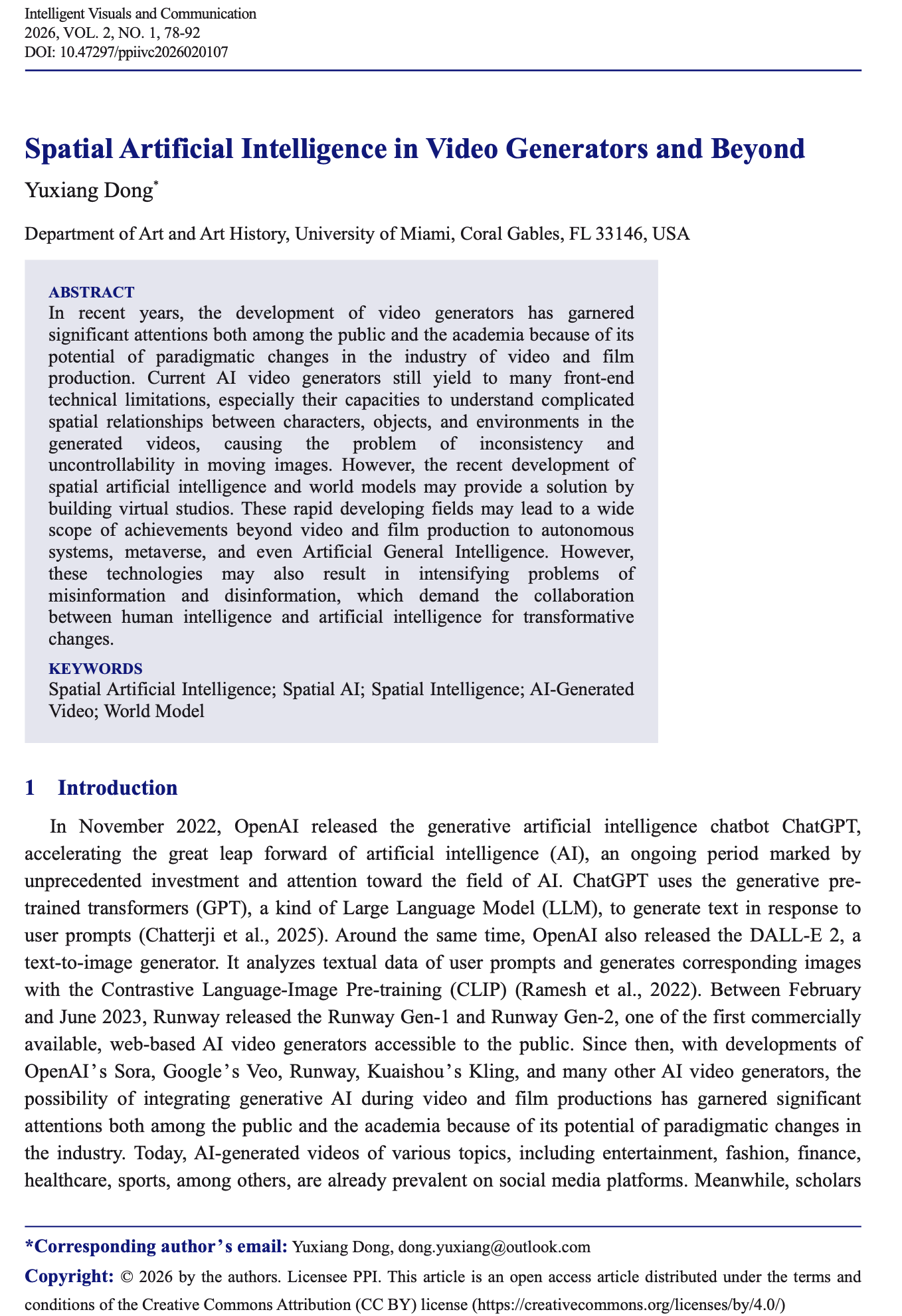 Journal essay: “Spatial Artificial Intelligence in Video Generators and Beyond.”