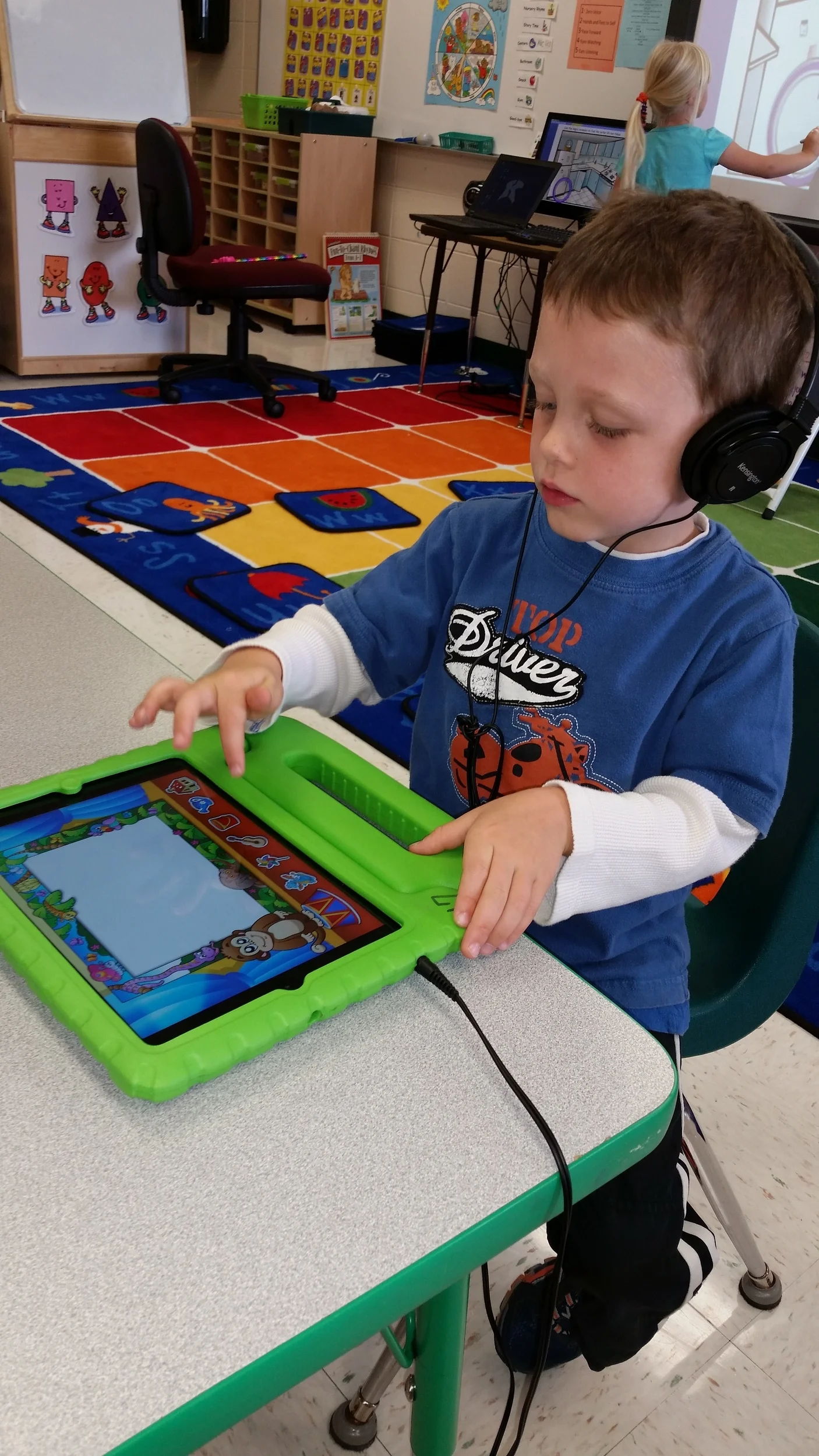 Some students got to start using the I-PADS this week. They were very excited! The kids tried out a letter tracing app and a color review app. I plan to have students go on I-PADS a couples times a week. 