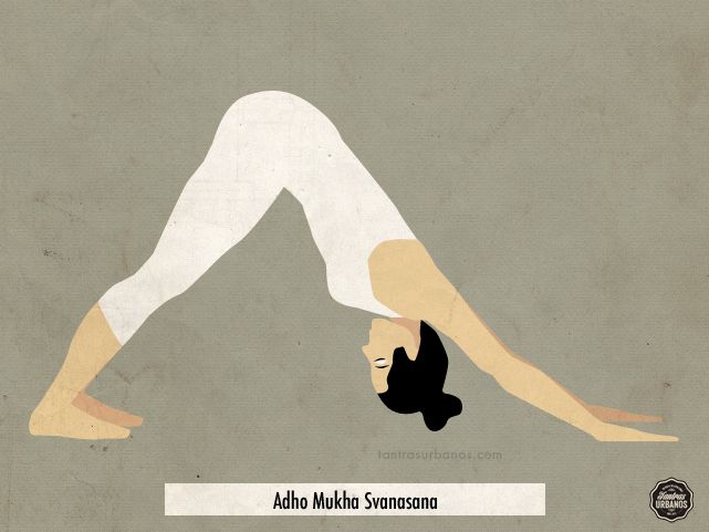 Downward Facing Dog: From Cat/Cow tuck your toes. Exhale moving through Child's Pose to Downward Facing Dog, pressing hips up and back. Gaze should be at your thighs or navel. Inhale and Exhale through 5 cycles. As you are breathing feel your hands and feet ground down to floor beneath you, keeping the weight evenly dispersed between them. 