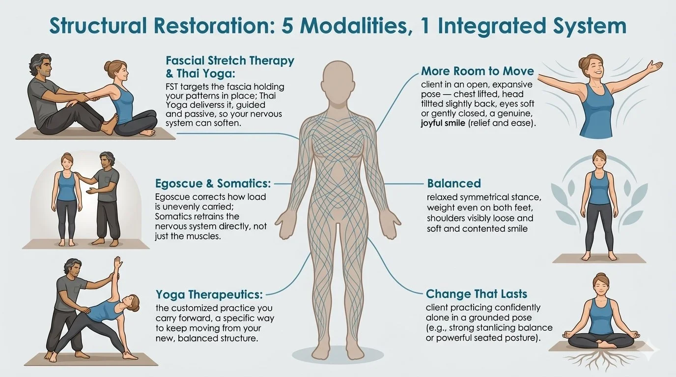 Illustrated diagram of five modalities, Fascial Stretch Therapy, Thai Yoga, Egoscue, Somatics, and Yoga Therapeutics, each linked to an outcome.