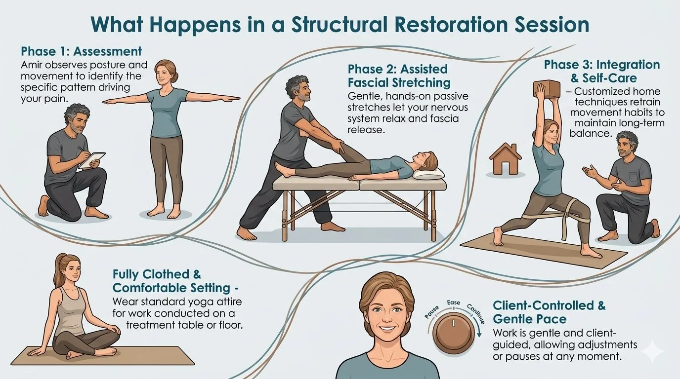 Illustrated three-phase session: Amir assesses posture, guides a hands-on assisted fascial stretch, then teaches take-home yoga practice.
