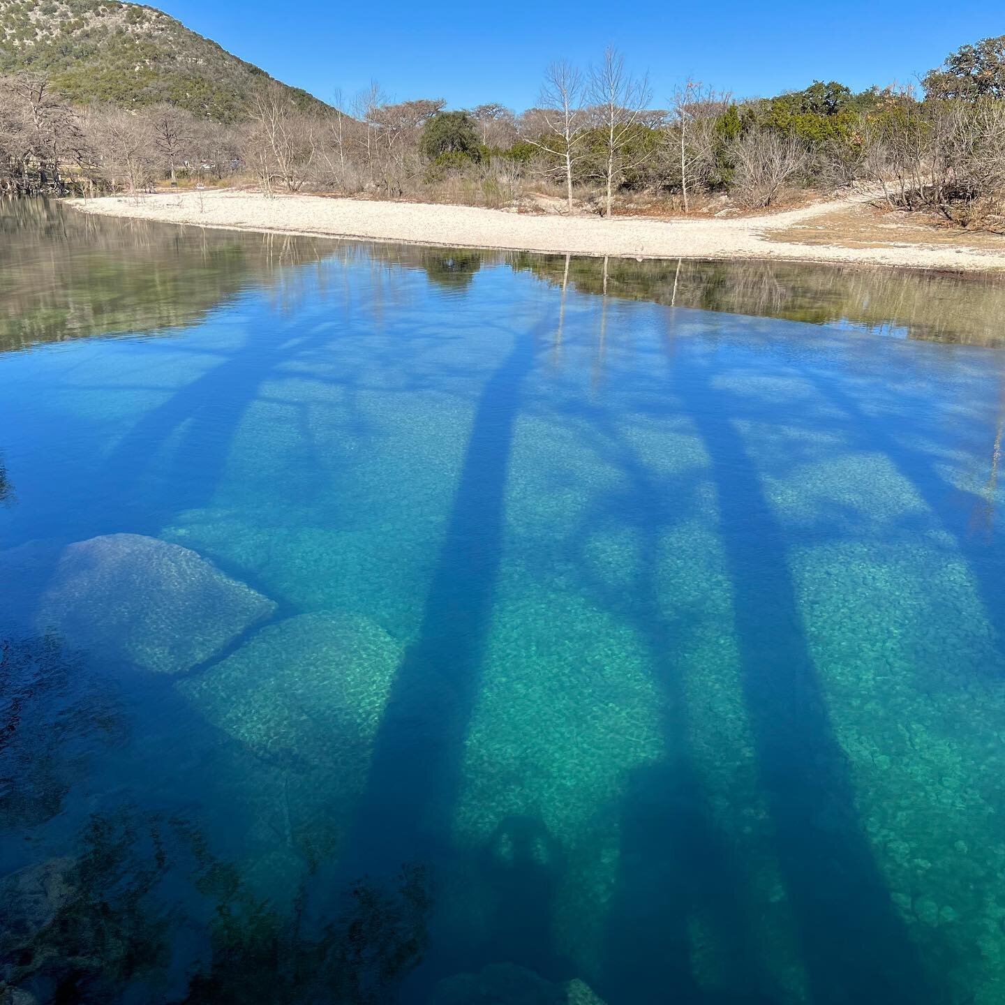 Shadows of bald cypress trees over the Rio Frio in central Texas. Garner State Park.