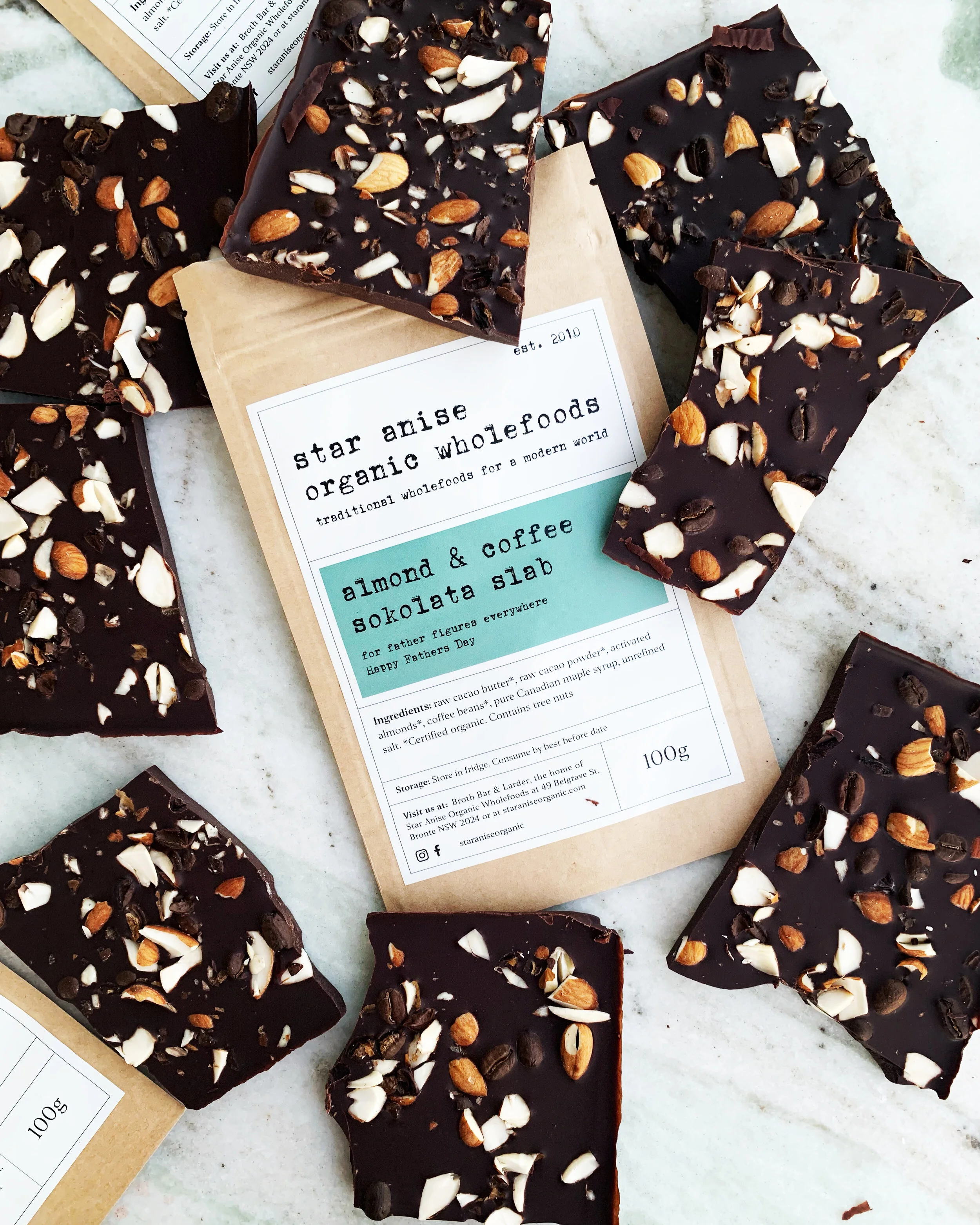 Organic crushed almond and coffee chocolate slabs made with raw cacao and activated almonds