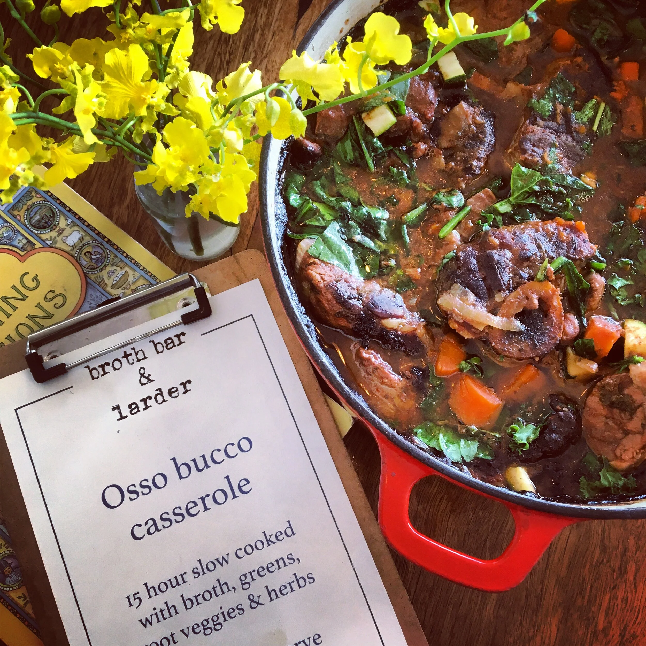Osso bucco casserole with root vegetables, herbs, and bone broth – 15-hour slow cooked and served hot
