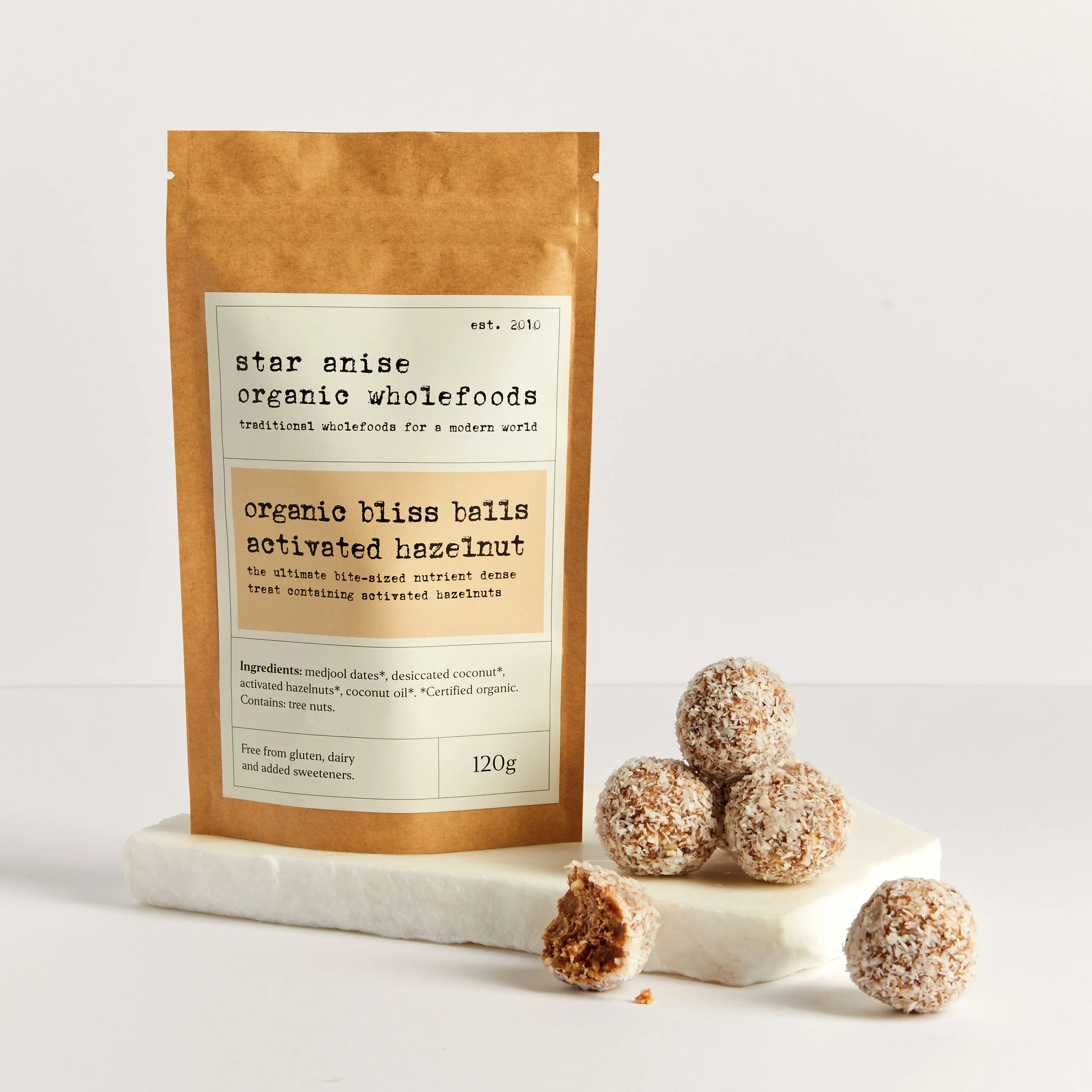 Organic Activated Hazelnut bliss balls with kraft pouch – dairy-free, gluten-free snack with no refined sugar