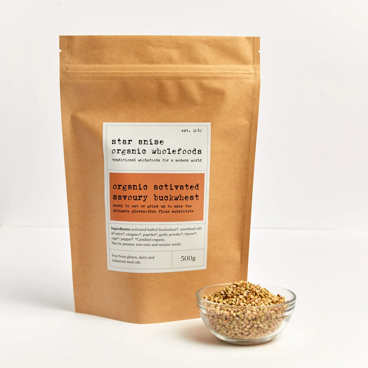 Organic activated savoury buckwheat in 500g pouch with visible groats – gluten-free and herb-seasoned breadcrumb alternative