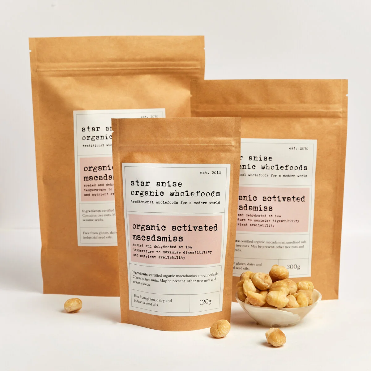 Organic activated macadamia nuts in 120g, 300g and 500g bags