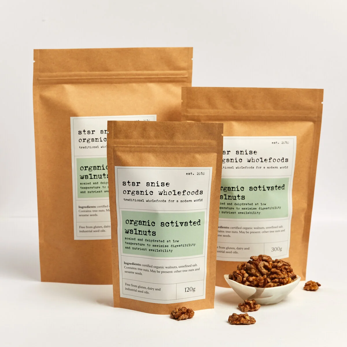Organic activated walnuts in 120g, 300g and 500g bags with whole walnut halves