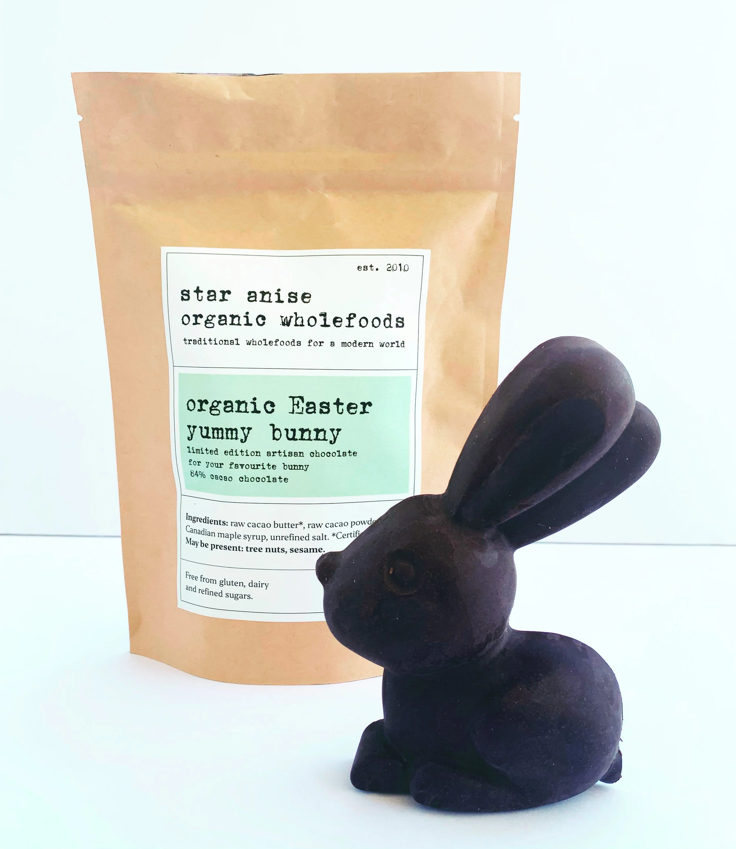 Organic Easter chocolate bunny with kraft pouch – handmade from raw cacao for a clean Easter treat