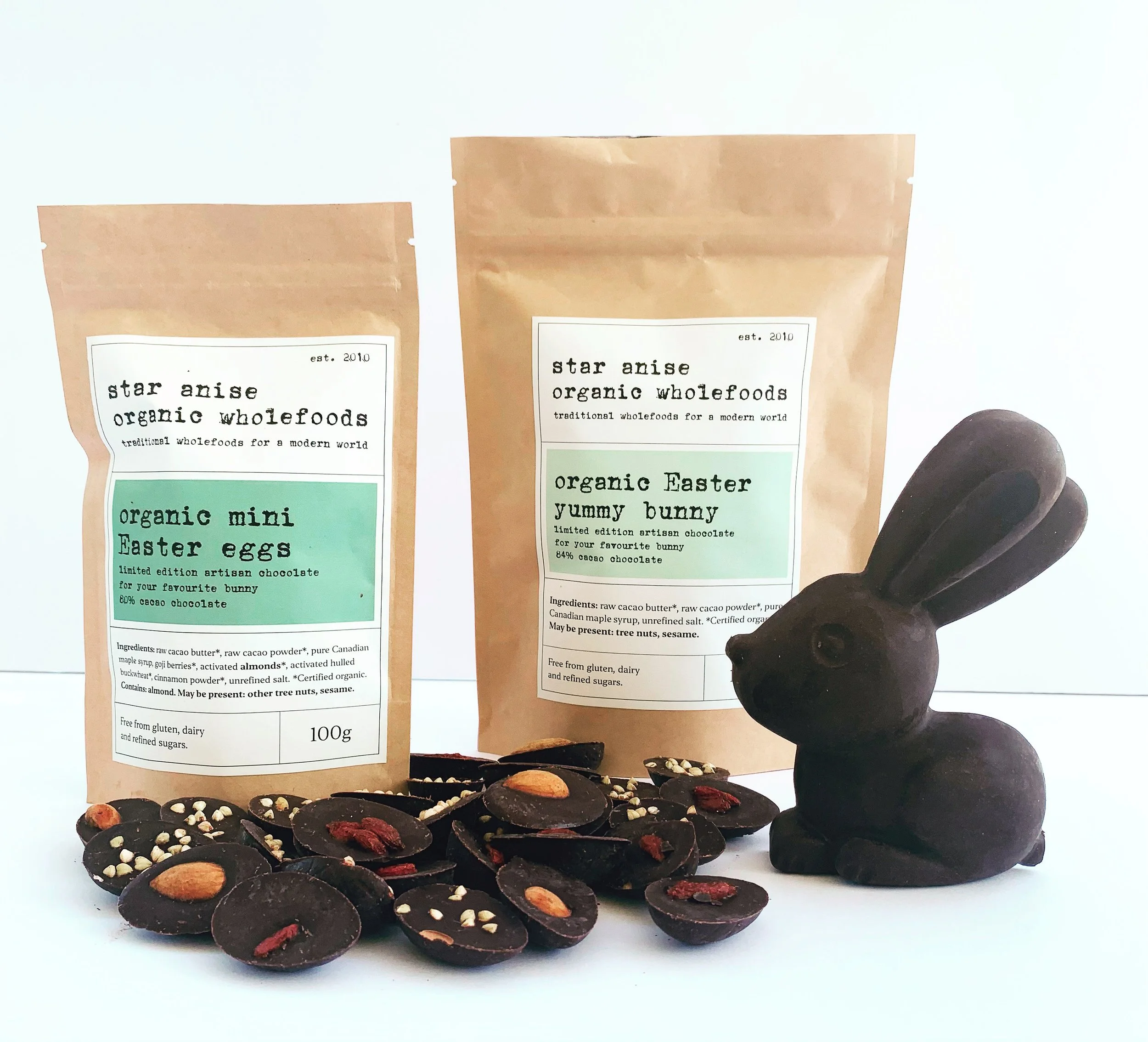 Easter bunny and raw chocolate eggs with kraft packaging – organic treats for Easter celebration