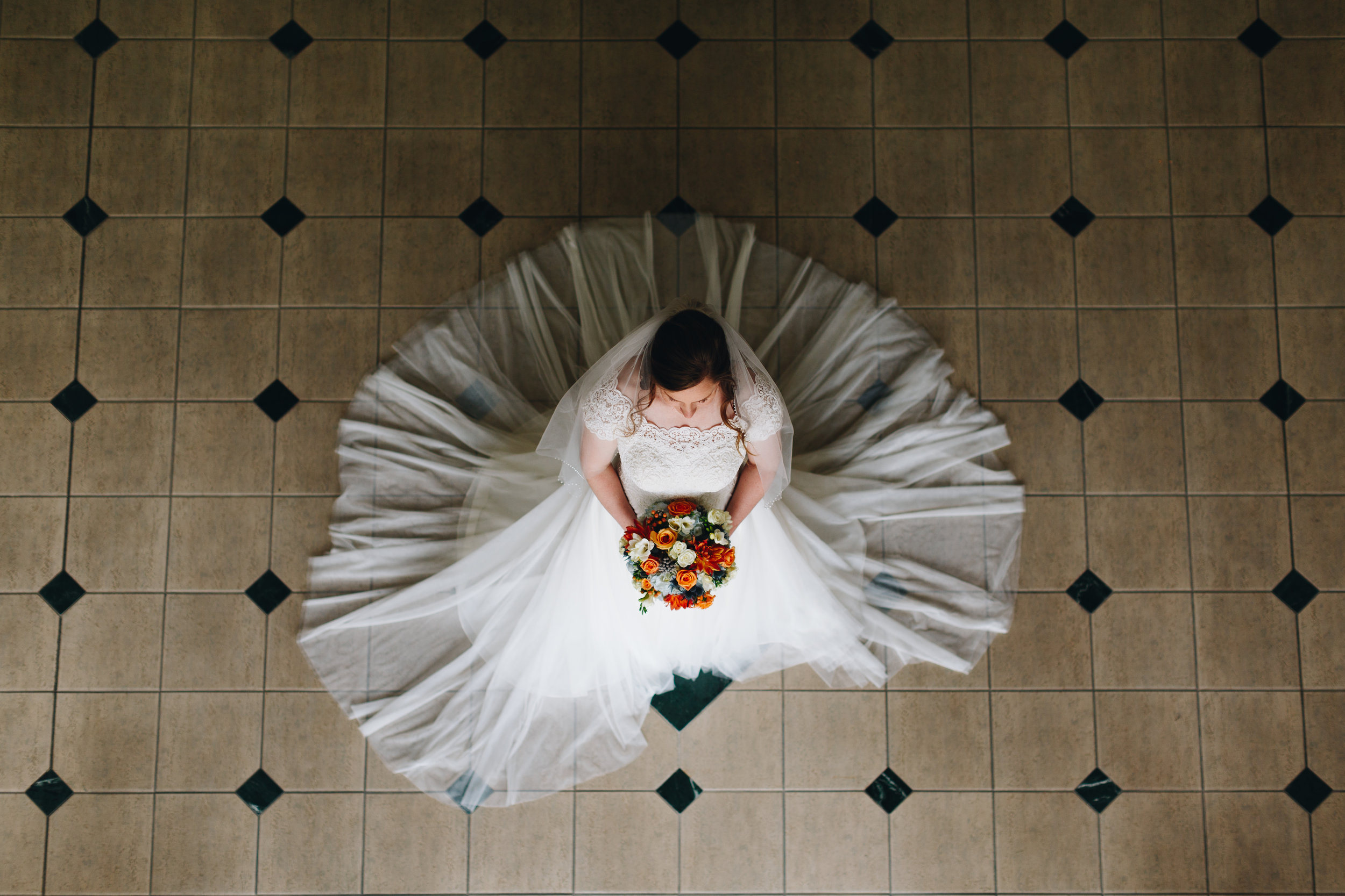 Moody Bridal Portrait with black and white tile