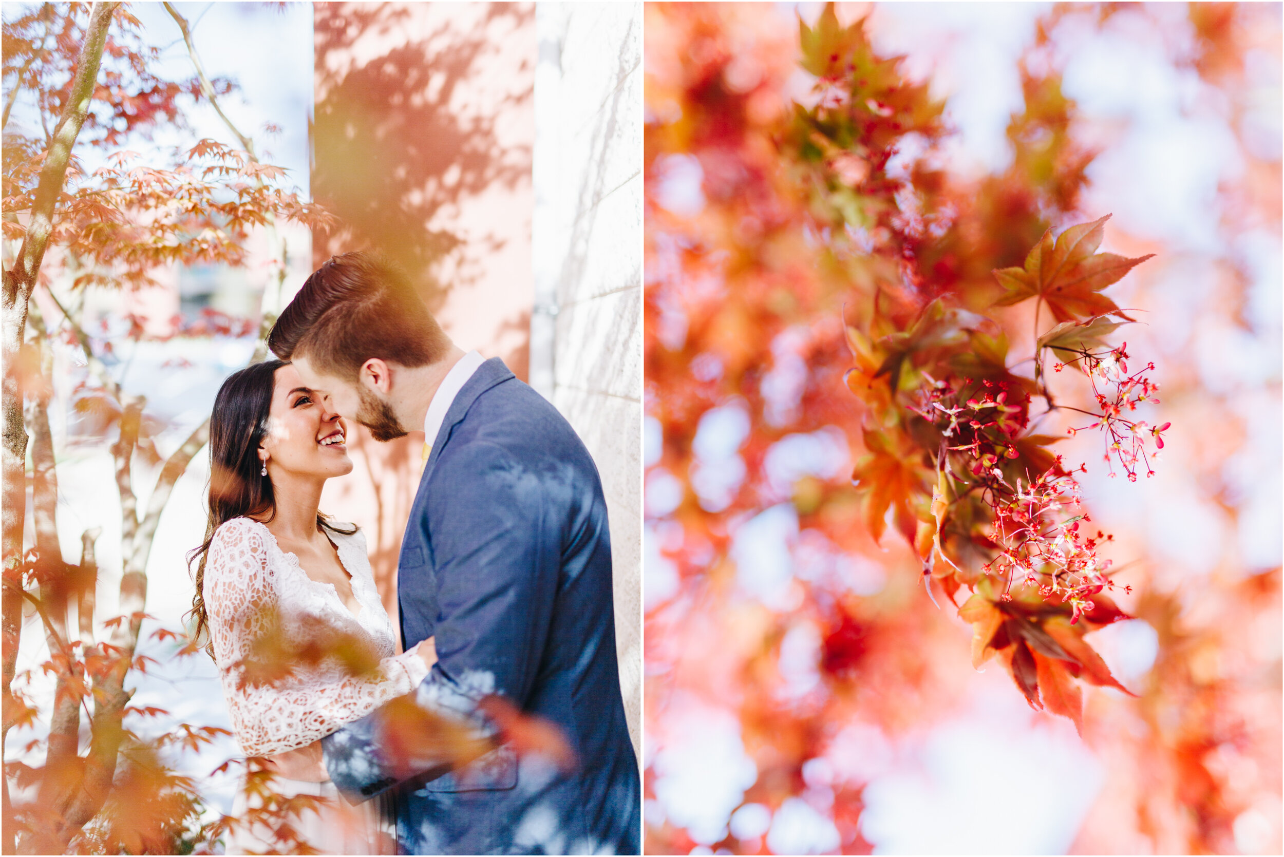 Wedding portraits with red leaves
