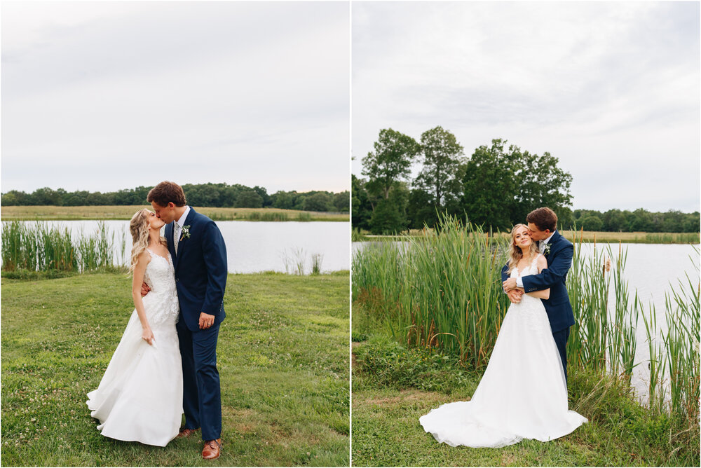 Vibrant wedding portraits on a farm next to water