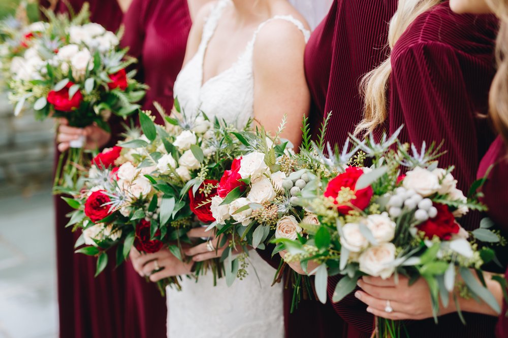 Vibrant red, white, green, burgundy wedding florals