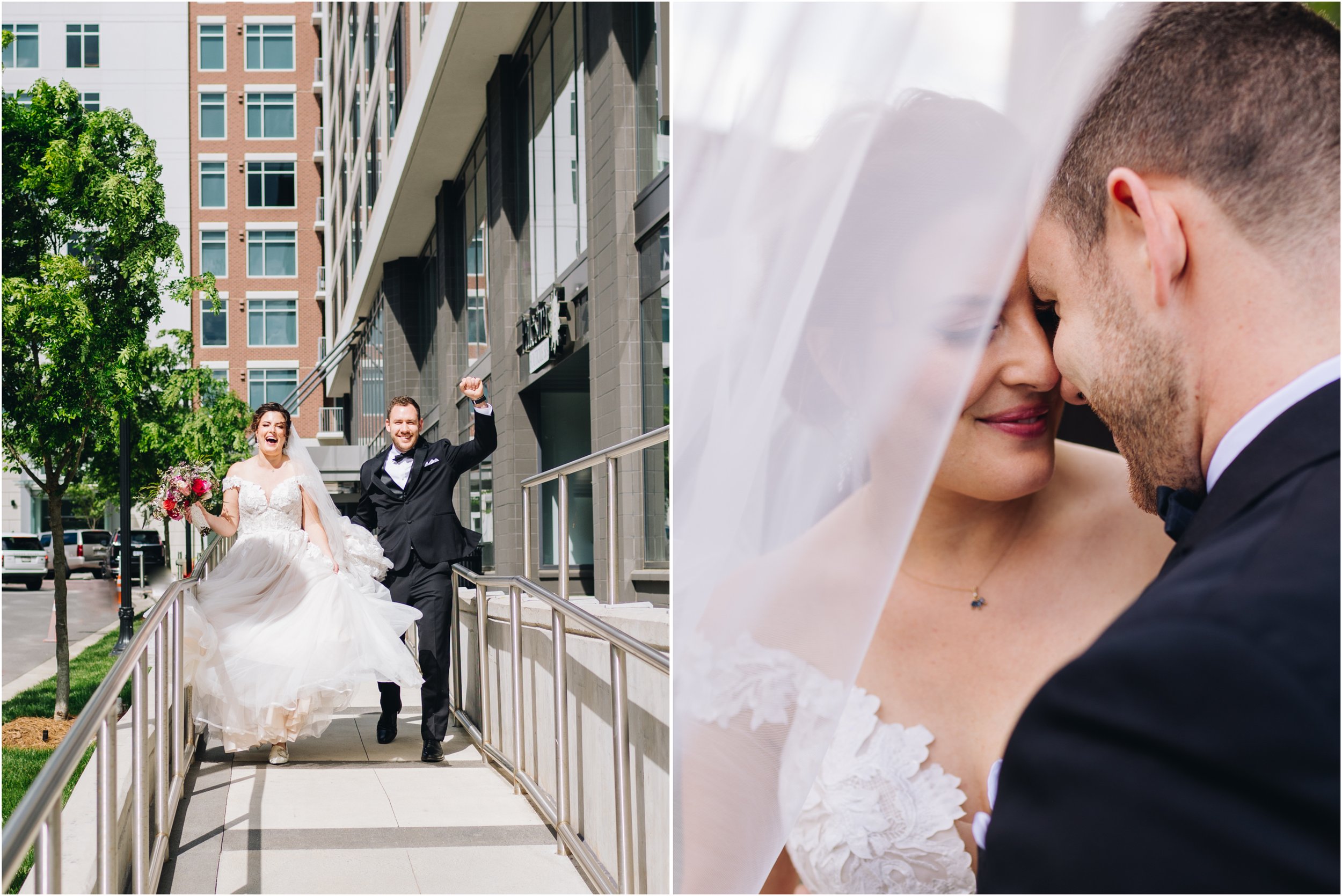 Joyful cityscape bride and groom portraits