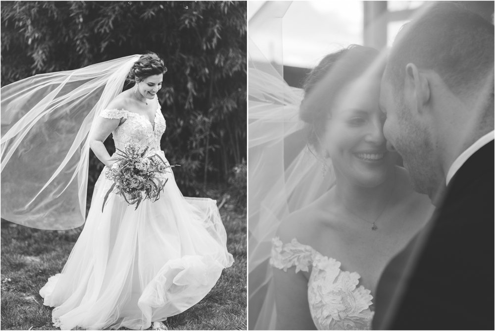 Windy bride and groom black and white portraits