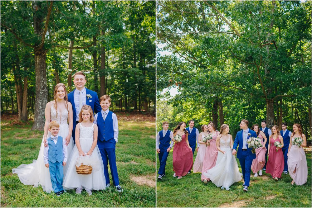 fun wedding party portraits blue and pink