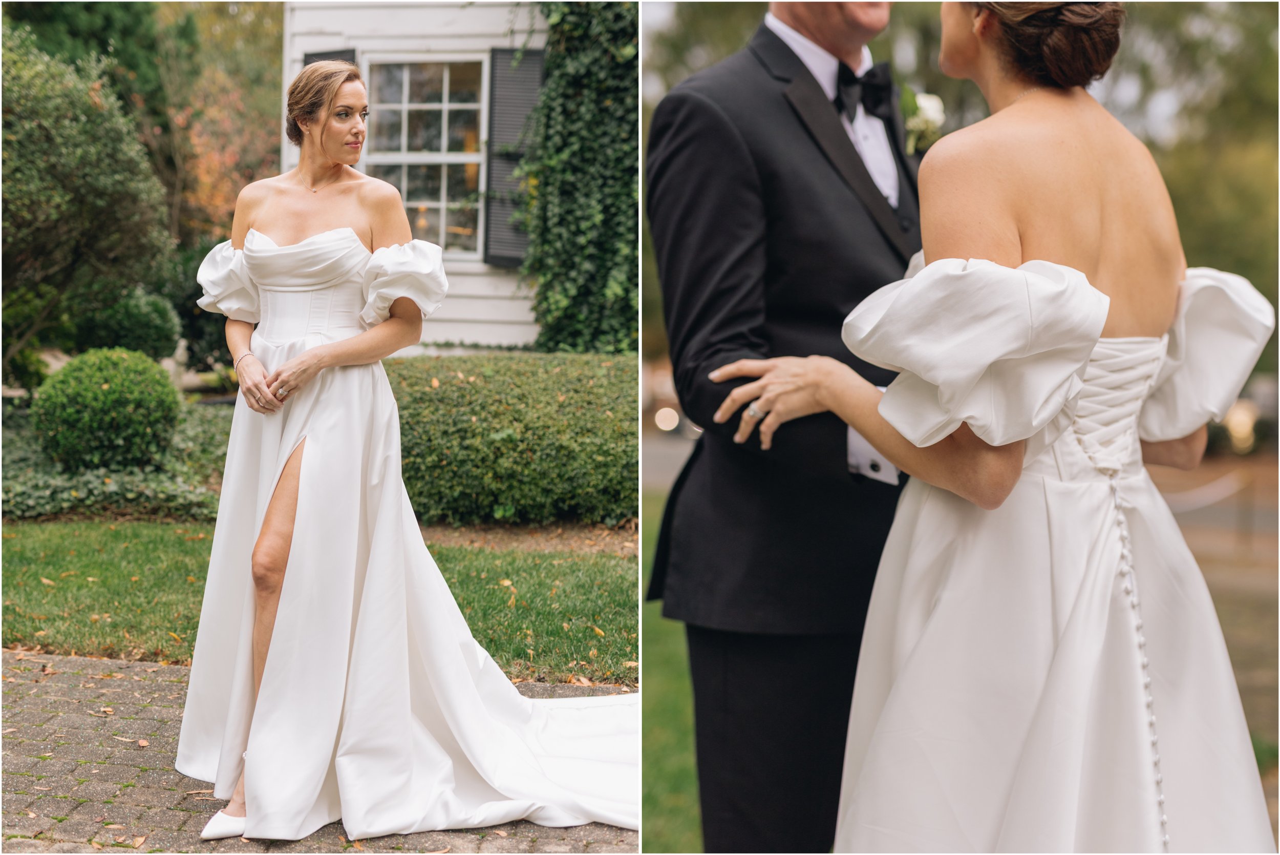 puff sleeves satin wedding gown