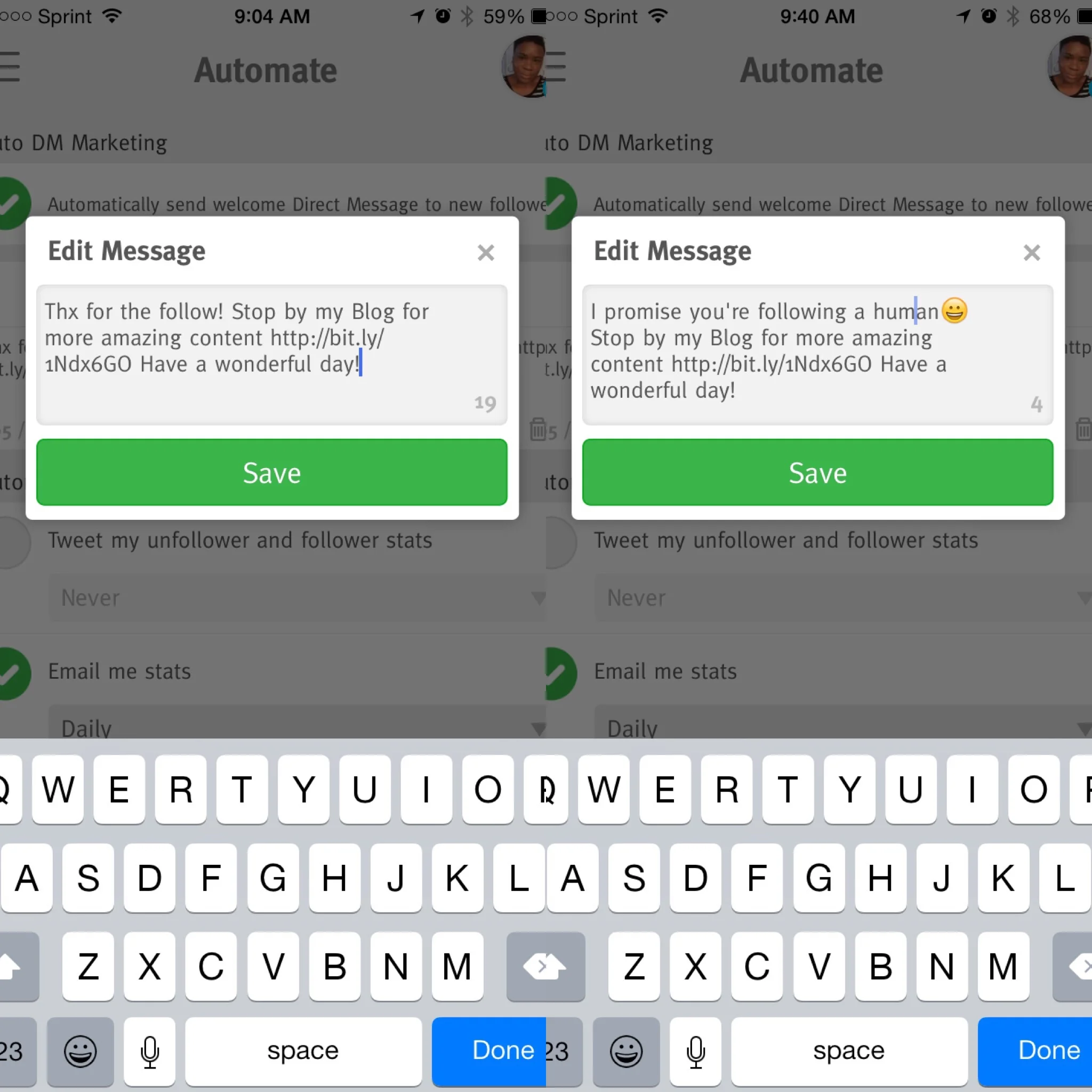 Snapshot (before and after) of my Crowdfire automated messages. 