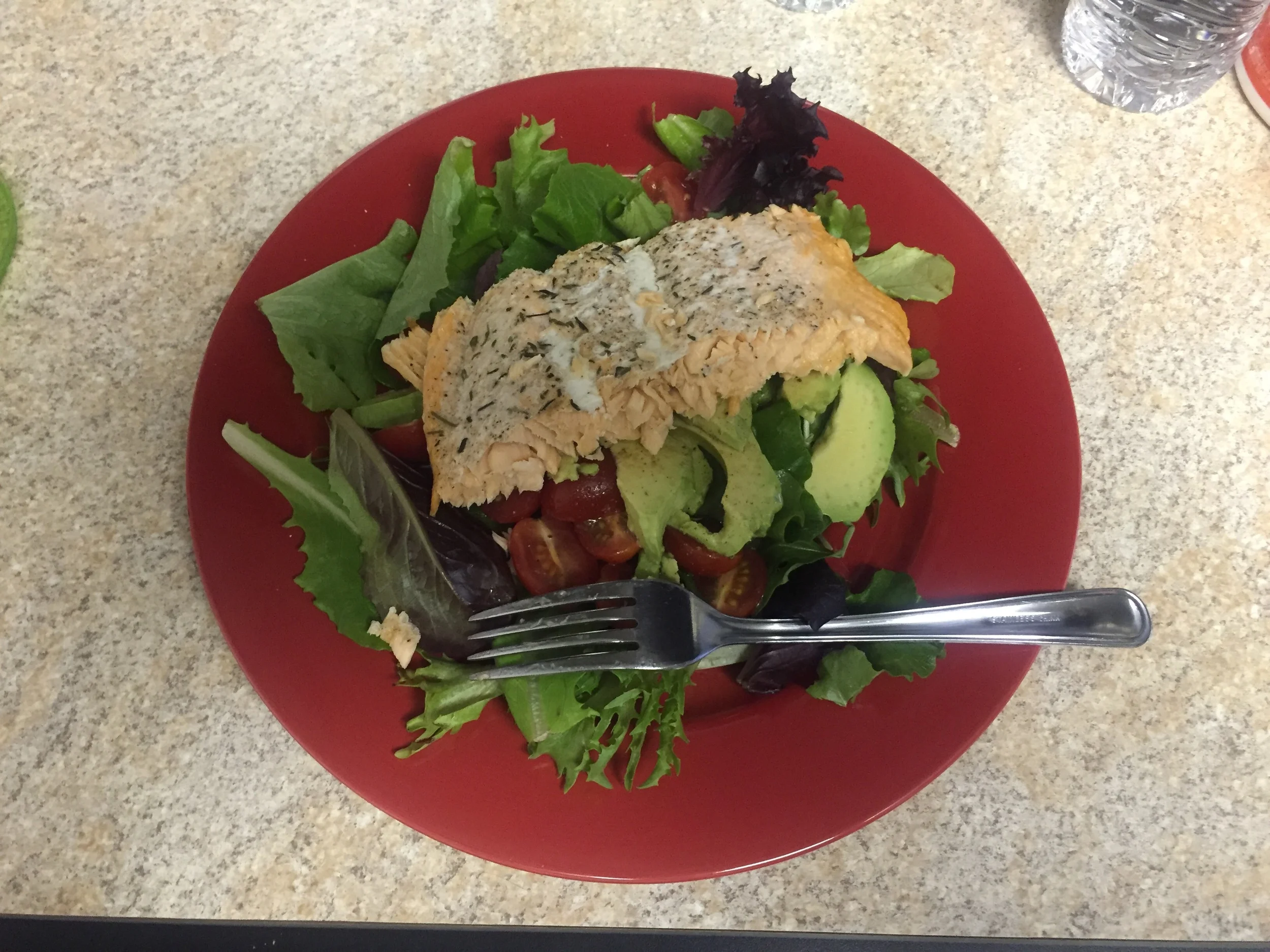 Then it's leafy greens topped with salmon for lunch or dinner...depending on my mood. 