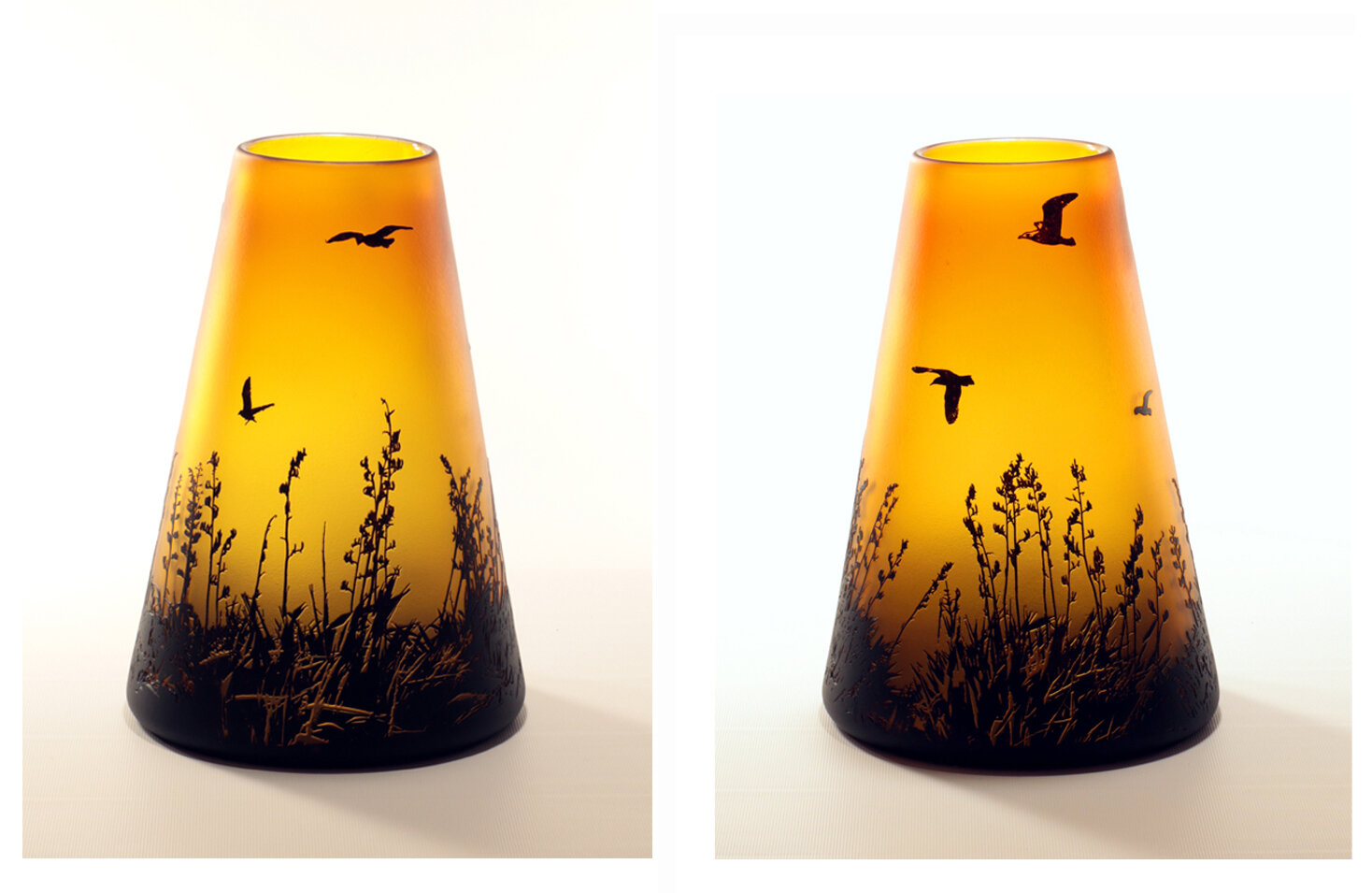 Gold Harakeke and Birds vase. Front and back.