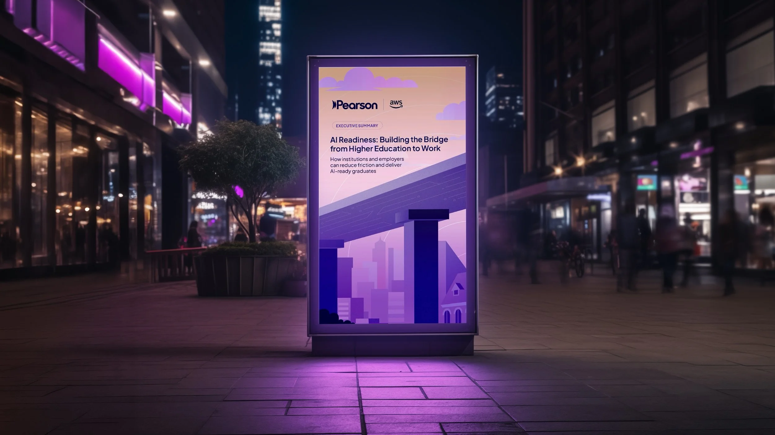 Brochure for Pearson Workforce Skills with a professional woman looking upward, featuring sections on skill gaps, foundational skills, and training opportunities, set against an urban cityscape background.