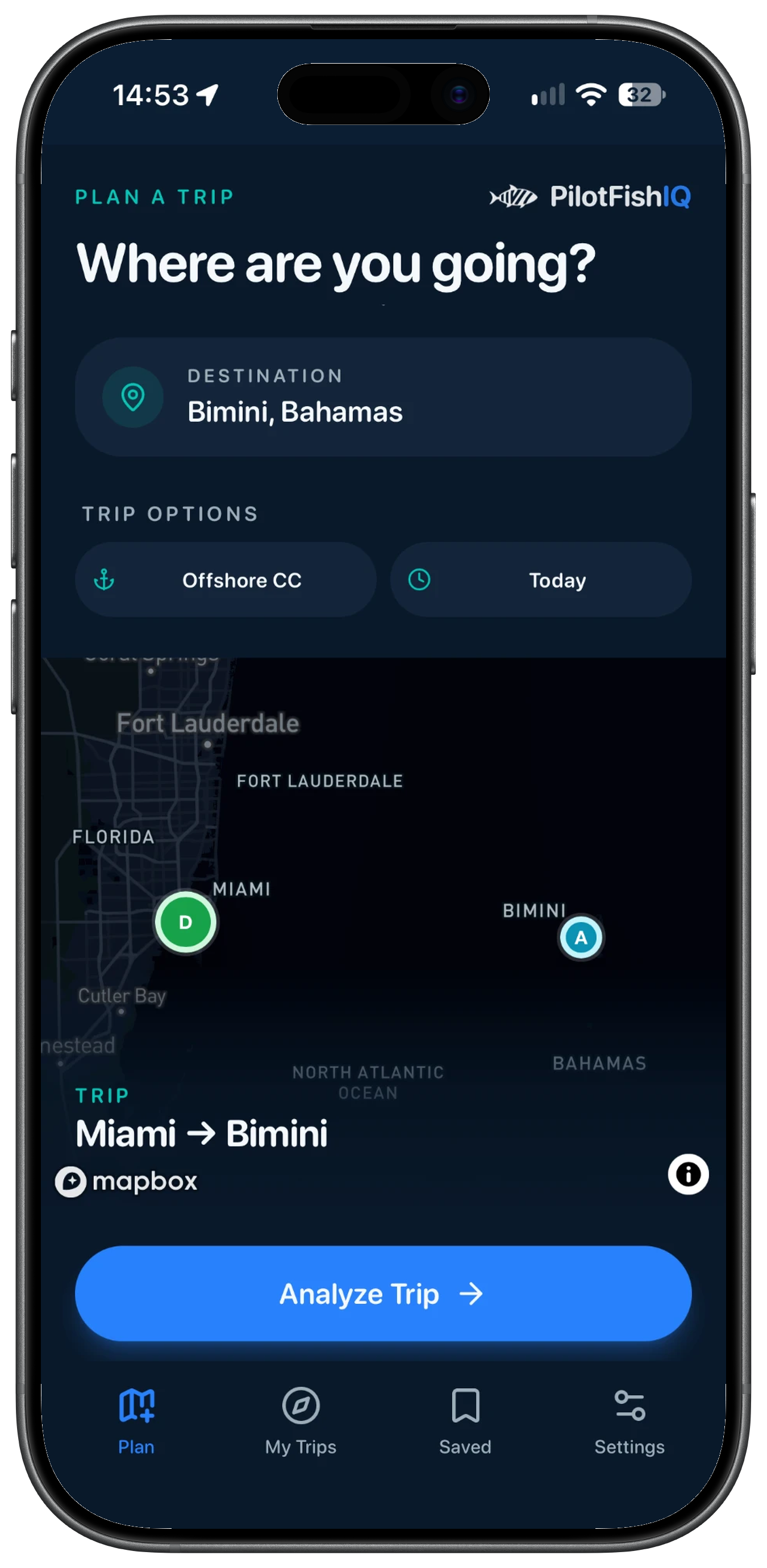 PilotFishIQ route review showing a Miami to Bimini trip on a map with offshore conditions and an Analyze Trip button.