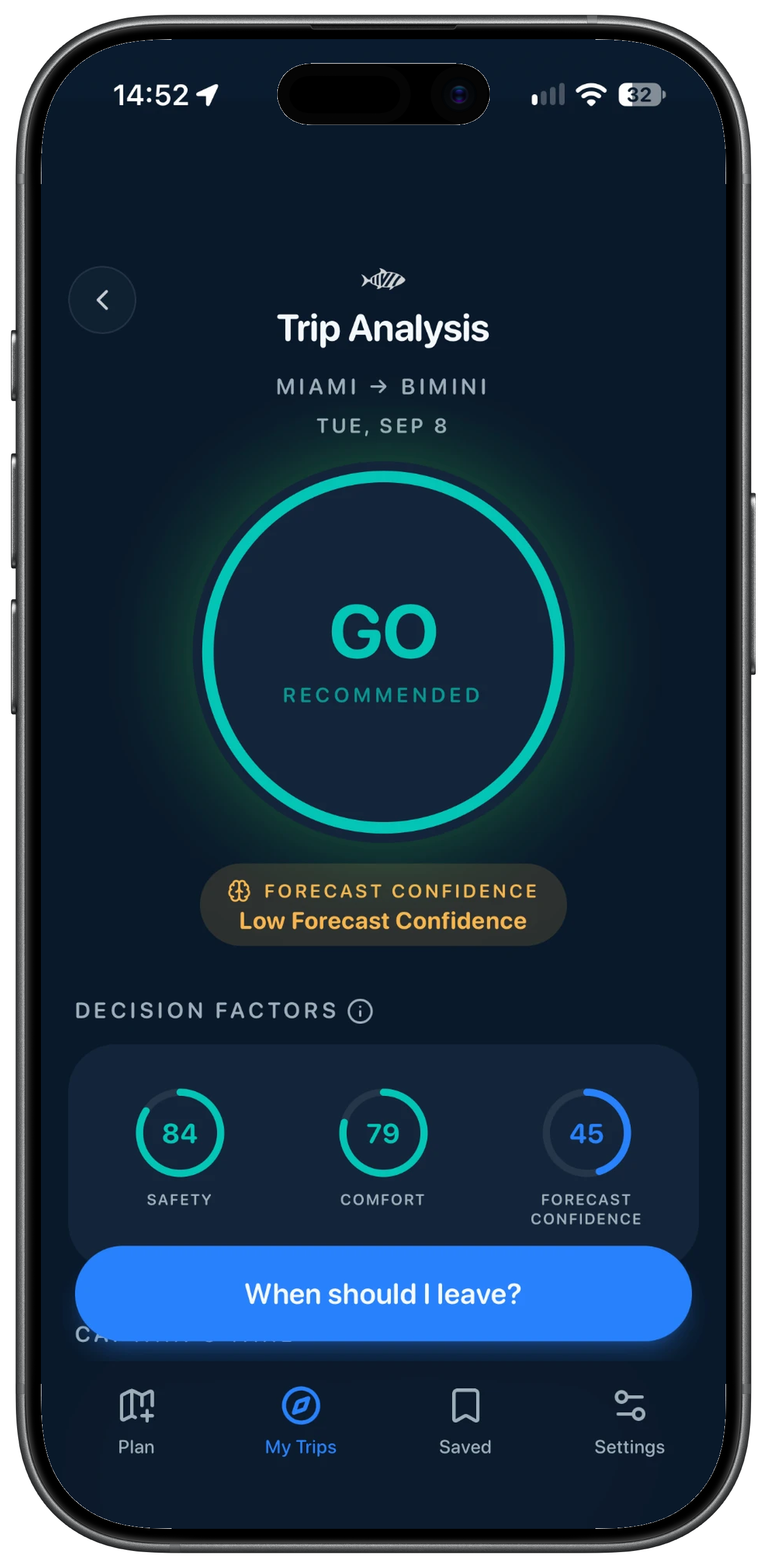 PilotFishIQ trip analysis for Miami to Bimini showing a GO recommendation with safety, comfort, and forecast-confidence scores.