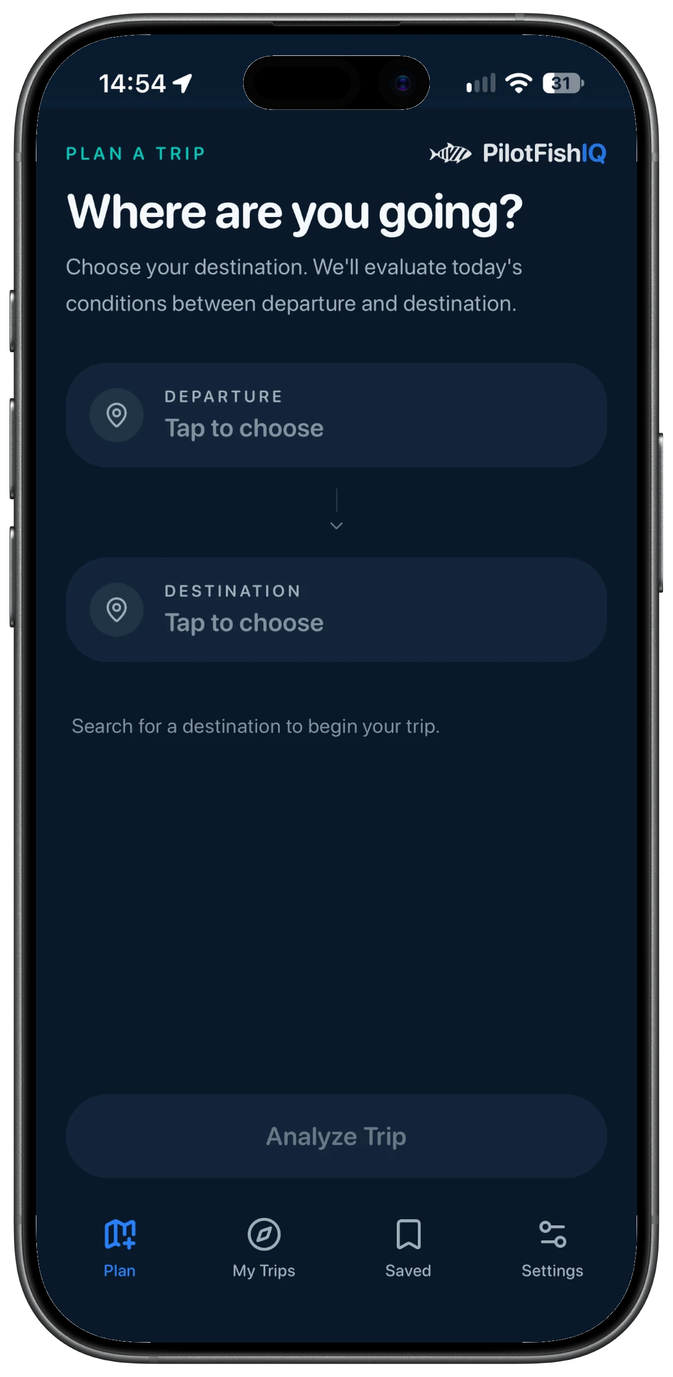 PilotFishIQ route planner prompting the user to choose departure and destination points.
