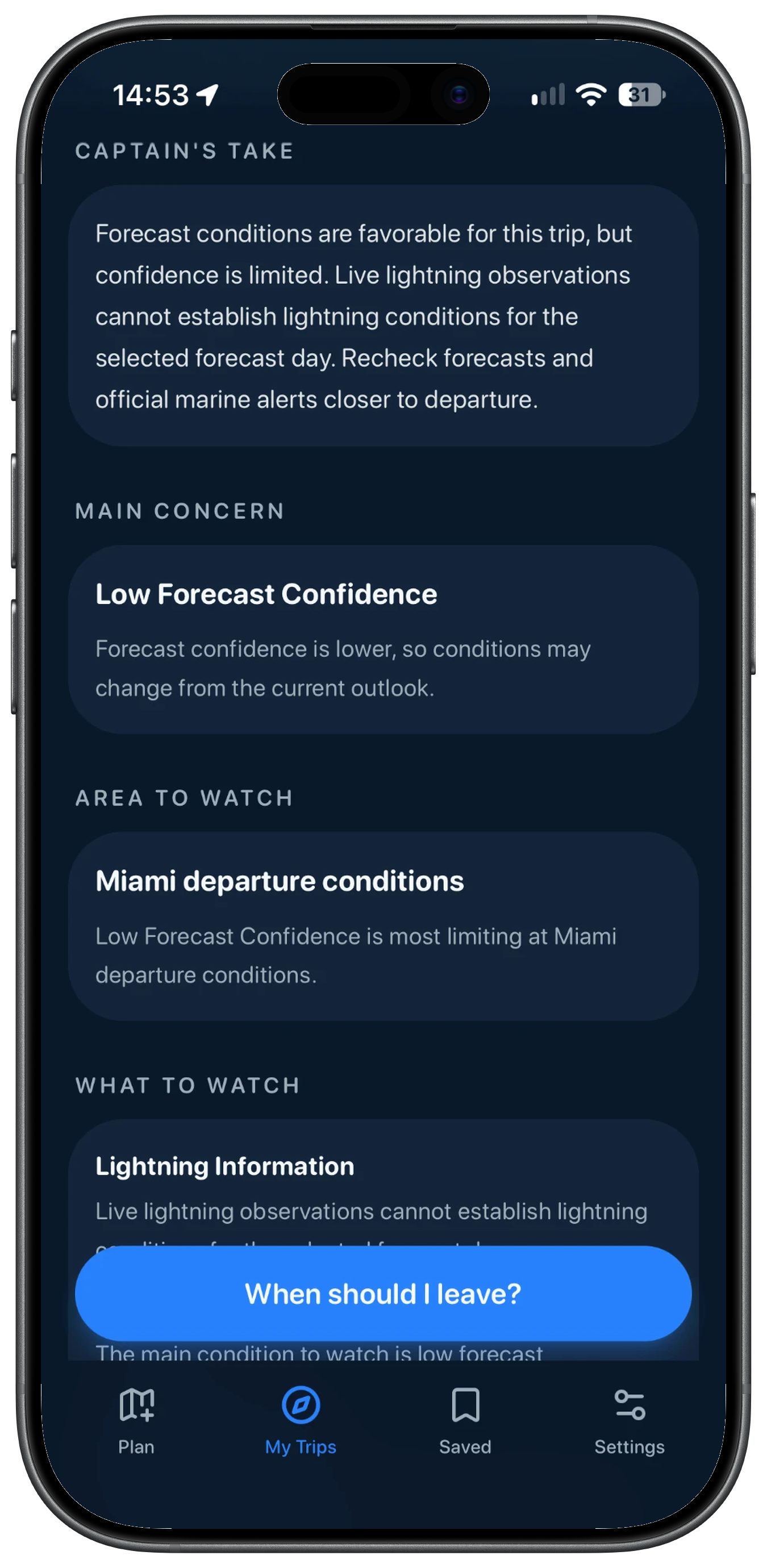PilotFishIQ forecast details showing the Captain’s Take, forecast confidence, departure conditions, and lightning information.