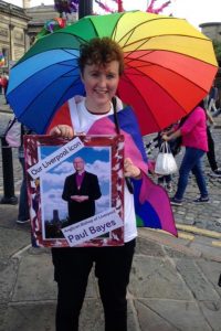 Jen carrying our Liverpool icon, Anglican Bishop of Liverpool Paul Bayes, at Pride on Saturday 30th July