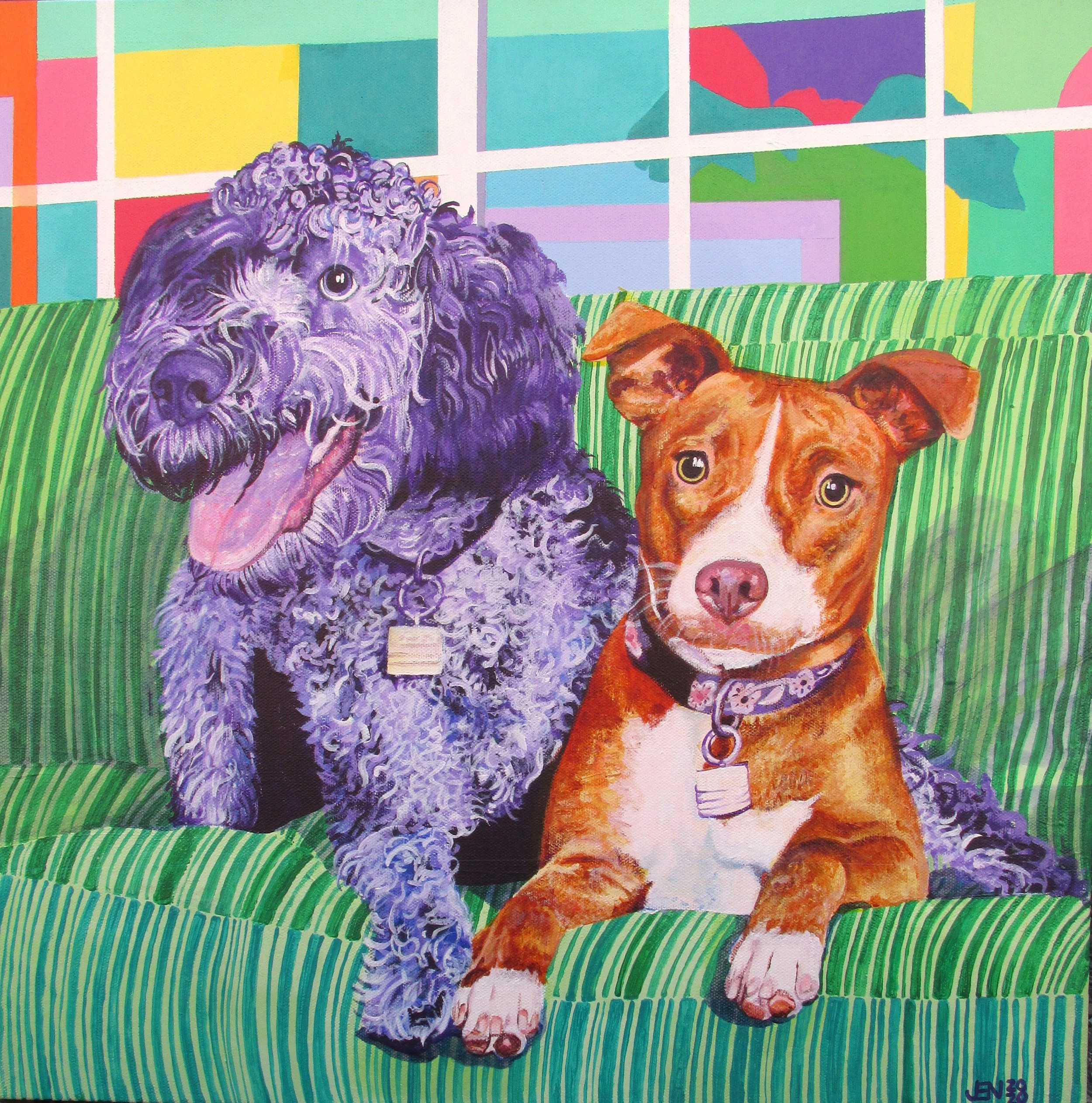 A pet portrait of two dogs featuring bright colors and a green patterned couch.  One dog is a purple labradoodle, and the other is an orange Pitbull mix.
