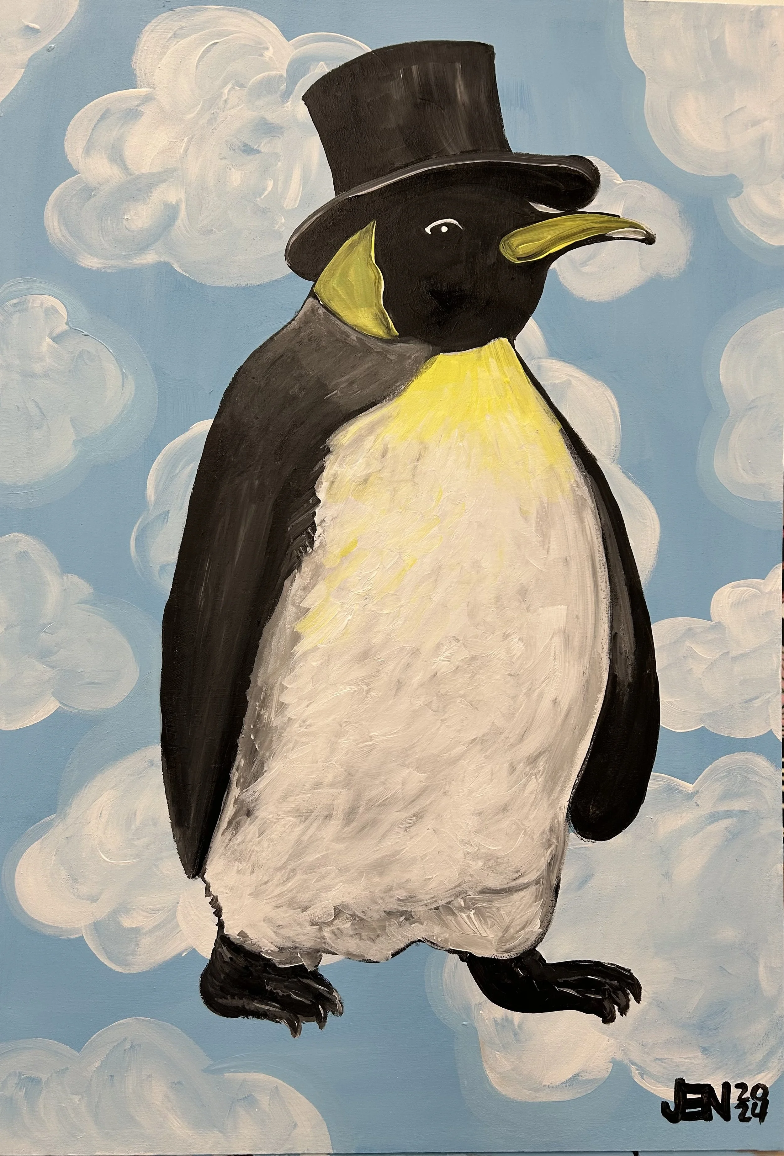 A painted illustration of a penquin with a top hat in front of a blue sky with puffy clouds. Jen can turn whatever you can imagine into art.