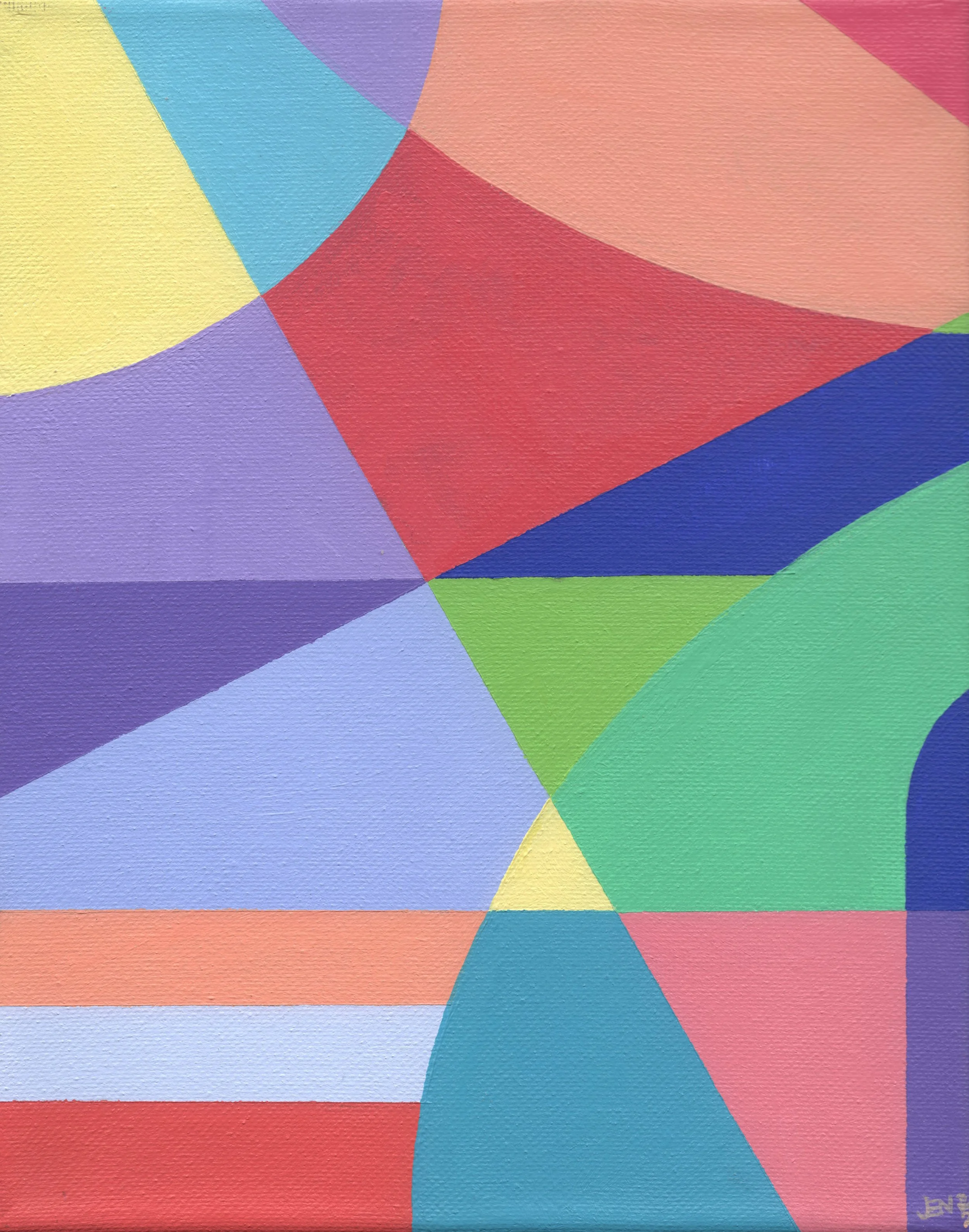 An abstract painting featuring fractured geometric shapes in violets, reds, blues, greens, and yellows.