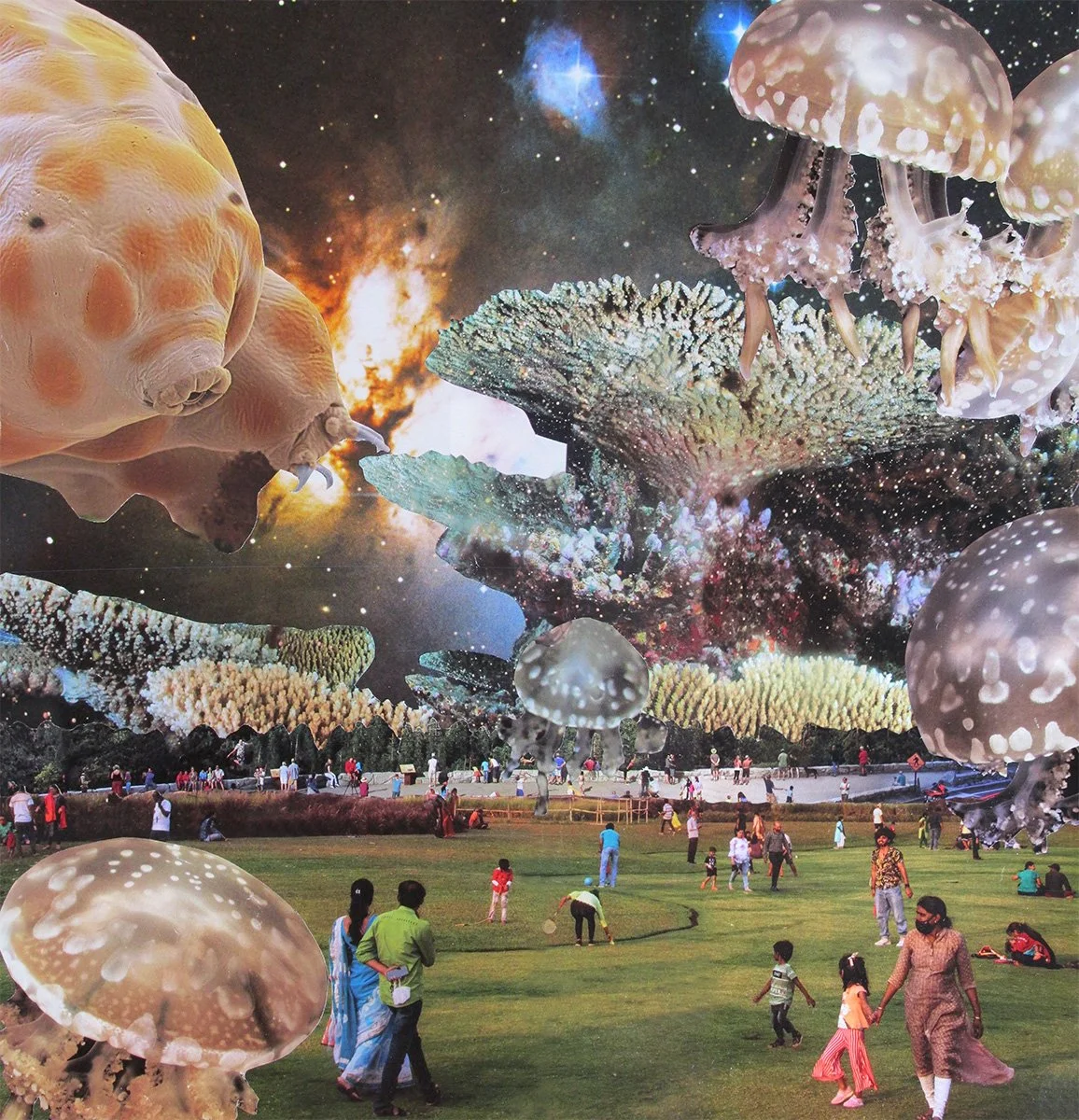 A surreal collage showing a waterbear and jellyfish swimming in a sea of outer space above equally unique humans.